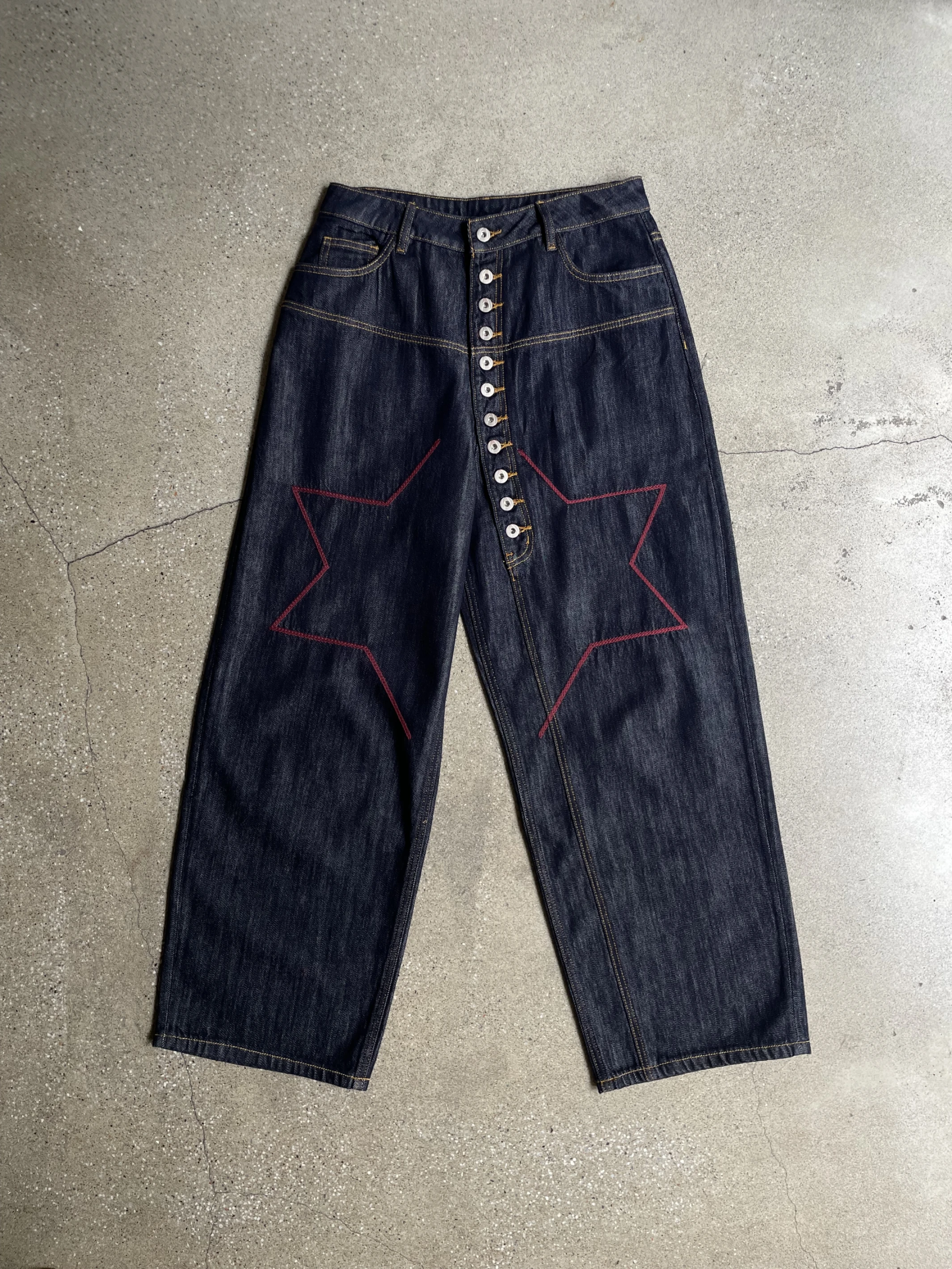 ANOMALIES-Color-blocked chain embroidered raw denim jeans