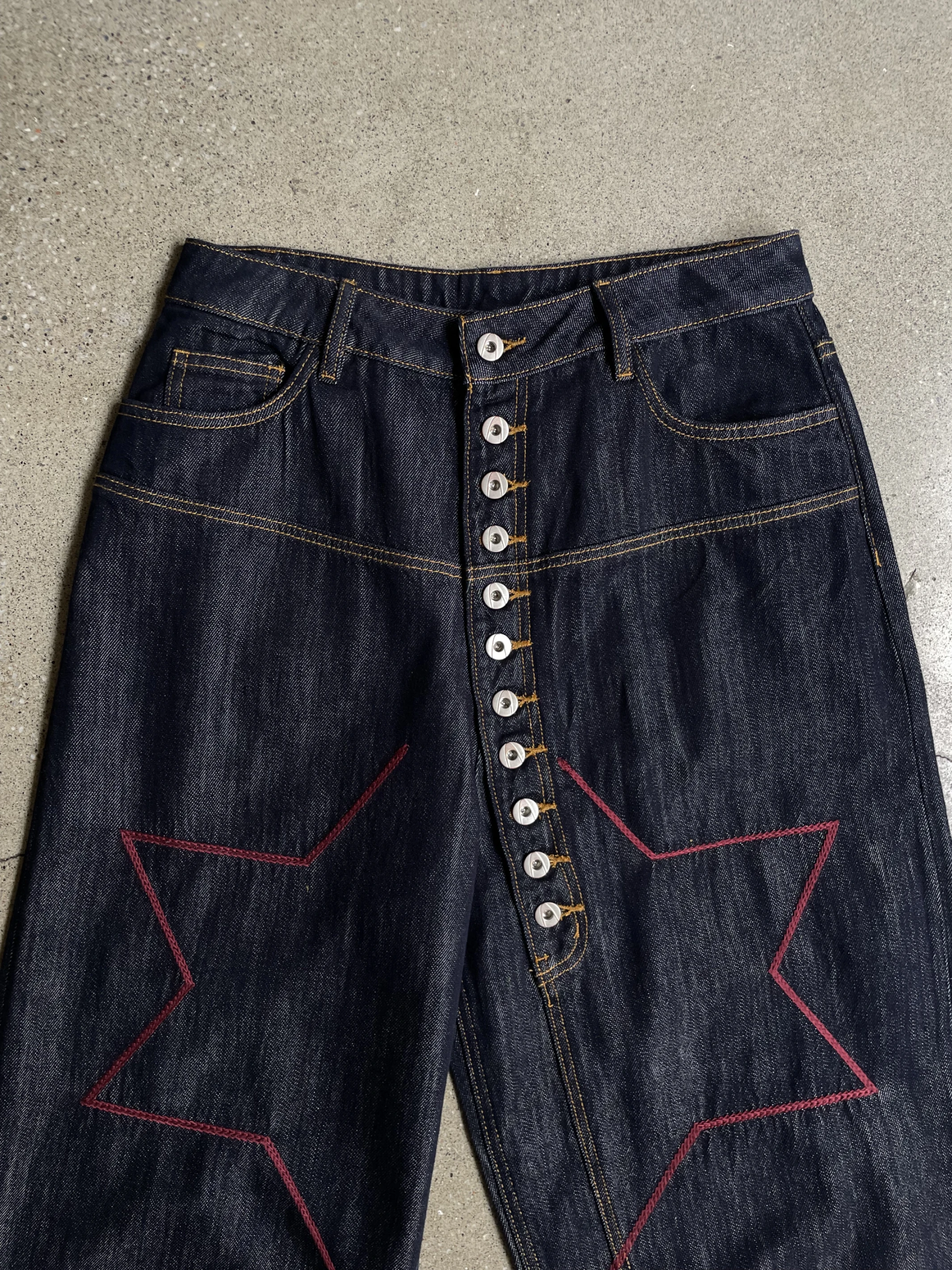 ANOMALIES-Color-blocked chain embroidered raw denim jeans