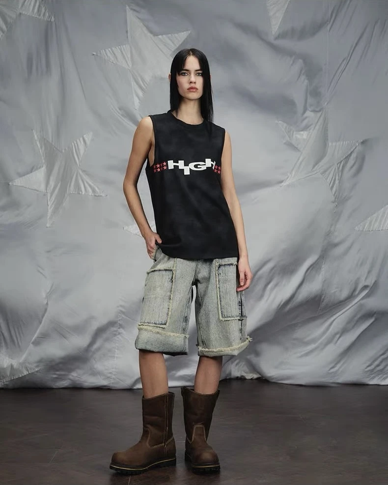 ANOMALIES-Washed distressed printed tank top sleeveless vest