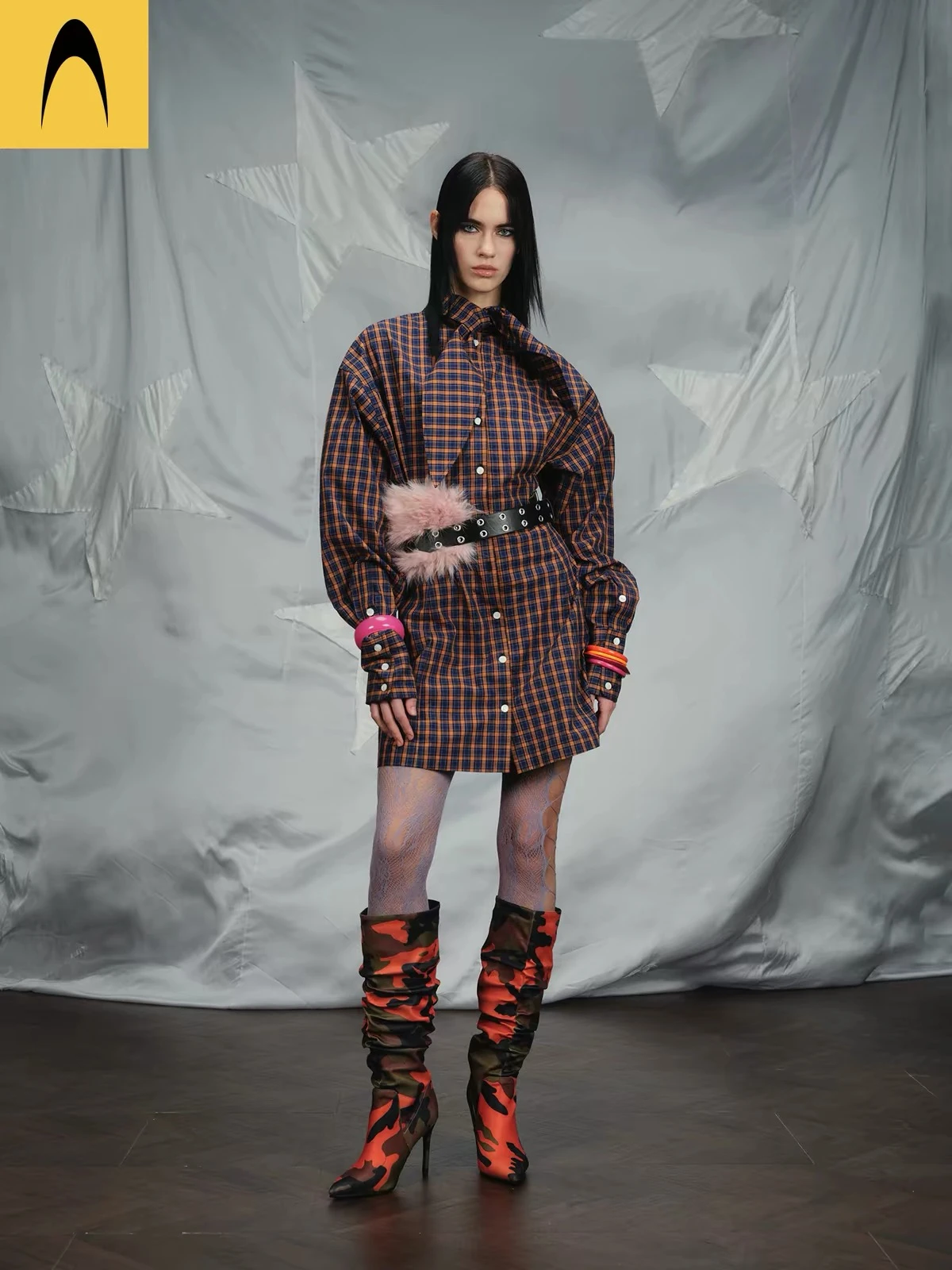 ANOMALIES-Retro plaid double-side shirt dress
