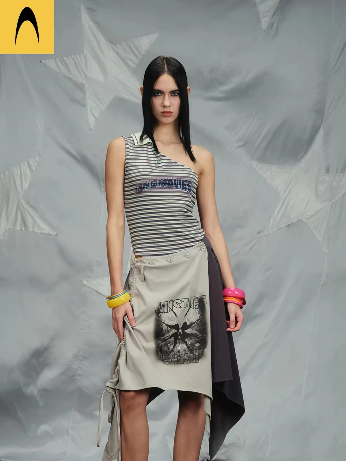 ANOMALIES-Retro striped deconstructed off-shoulder top