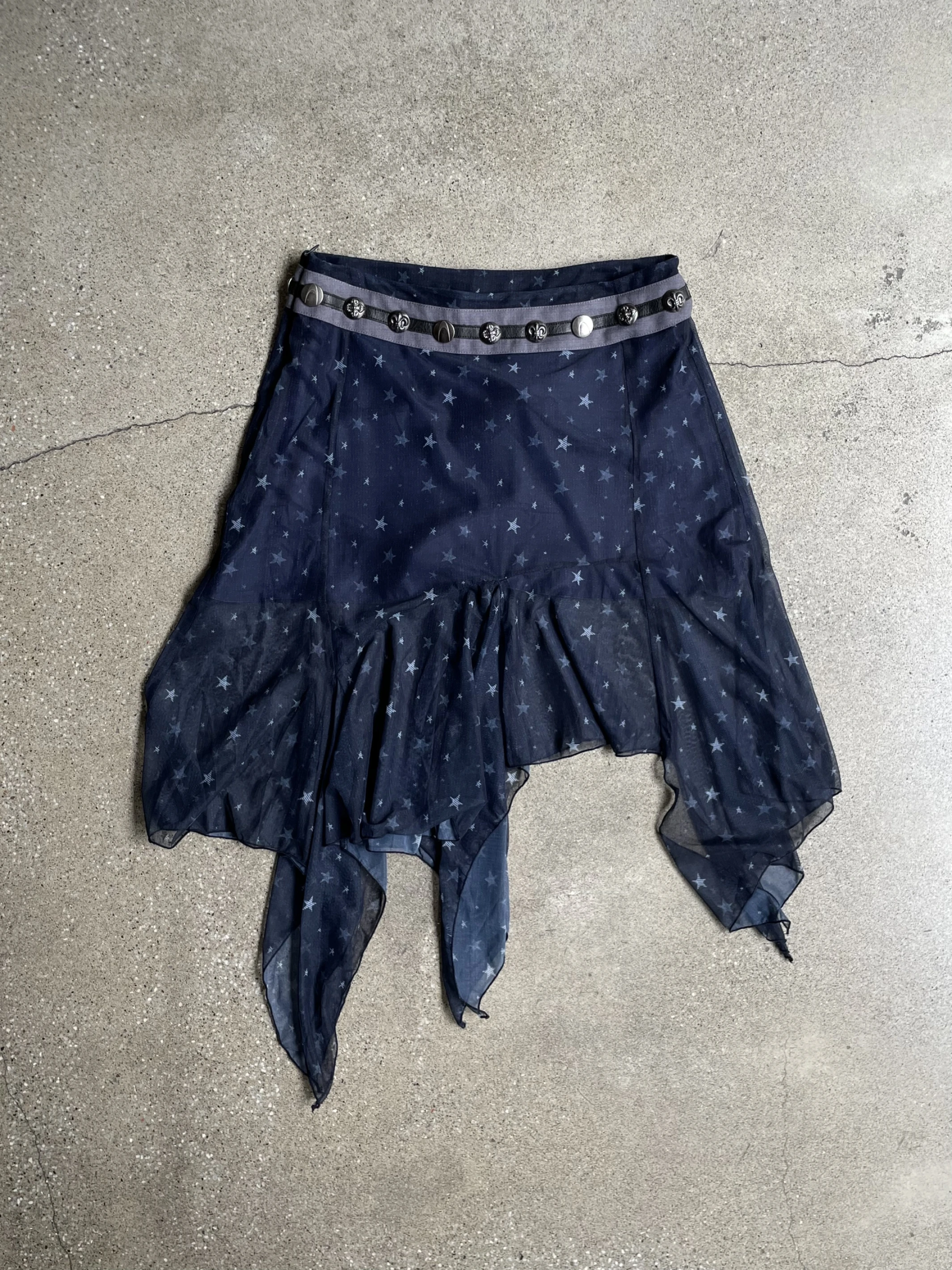 ANOMALIES-Military-themed metal badge denim print mesh midi skirt