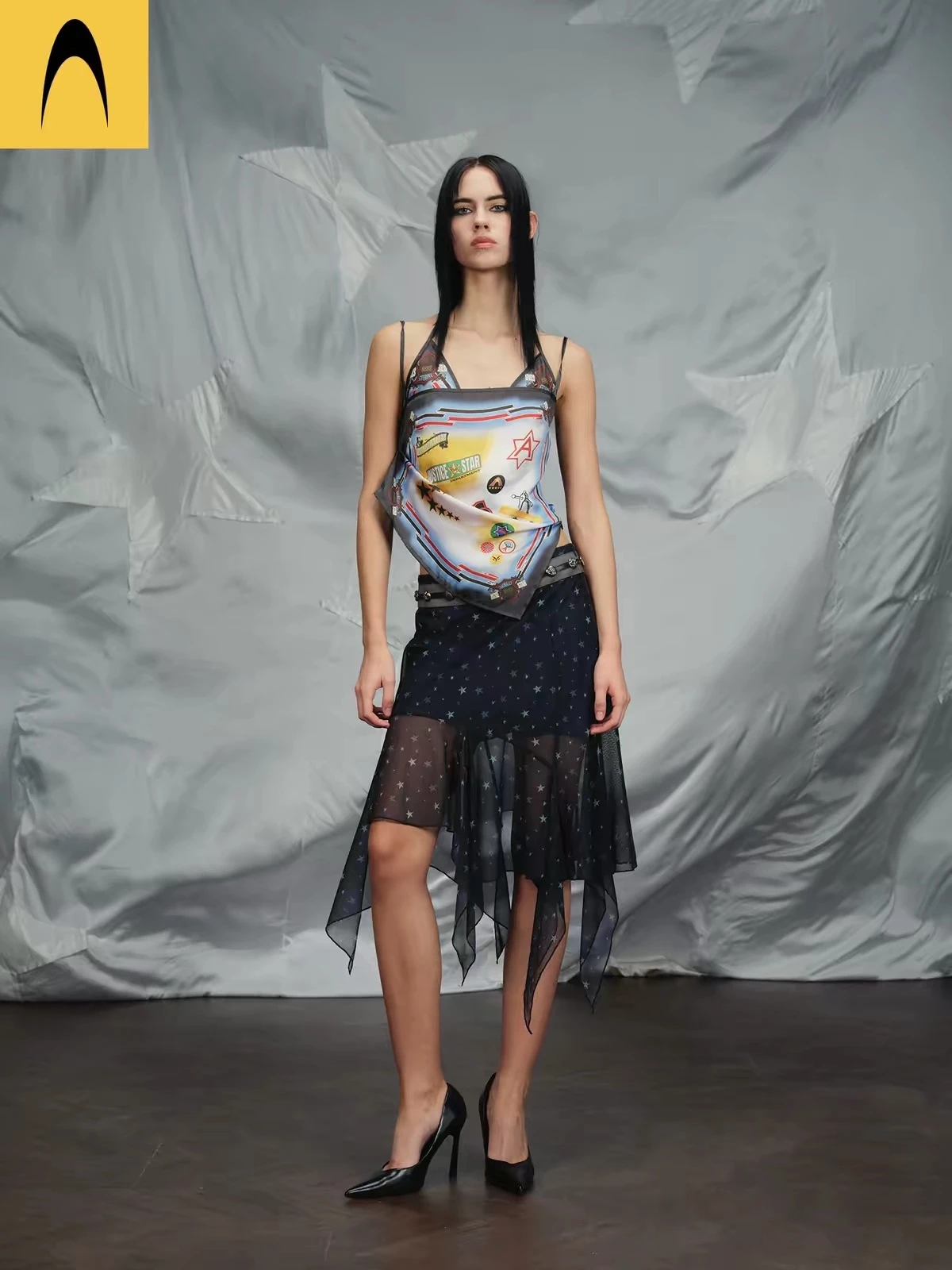 ANOMALIES-Military-themed metal badge denim print mesh midi skirt