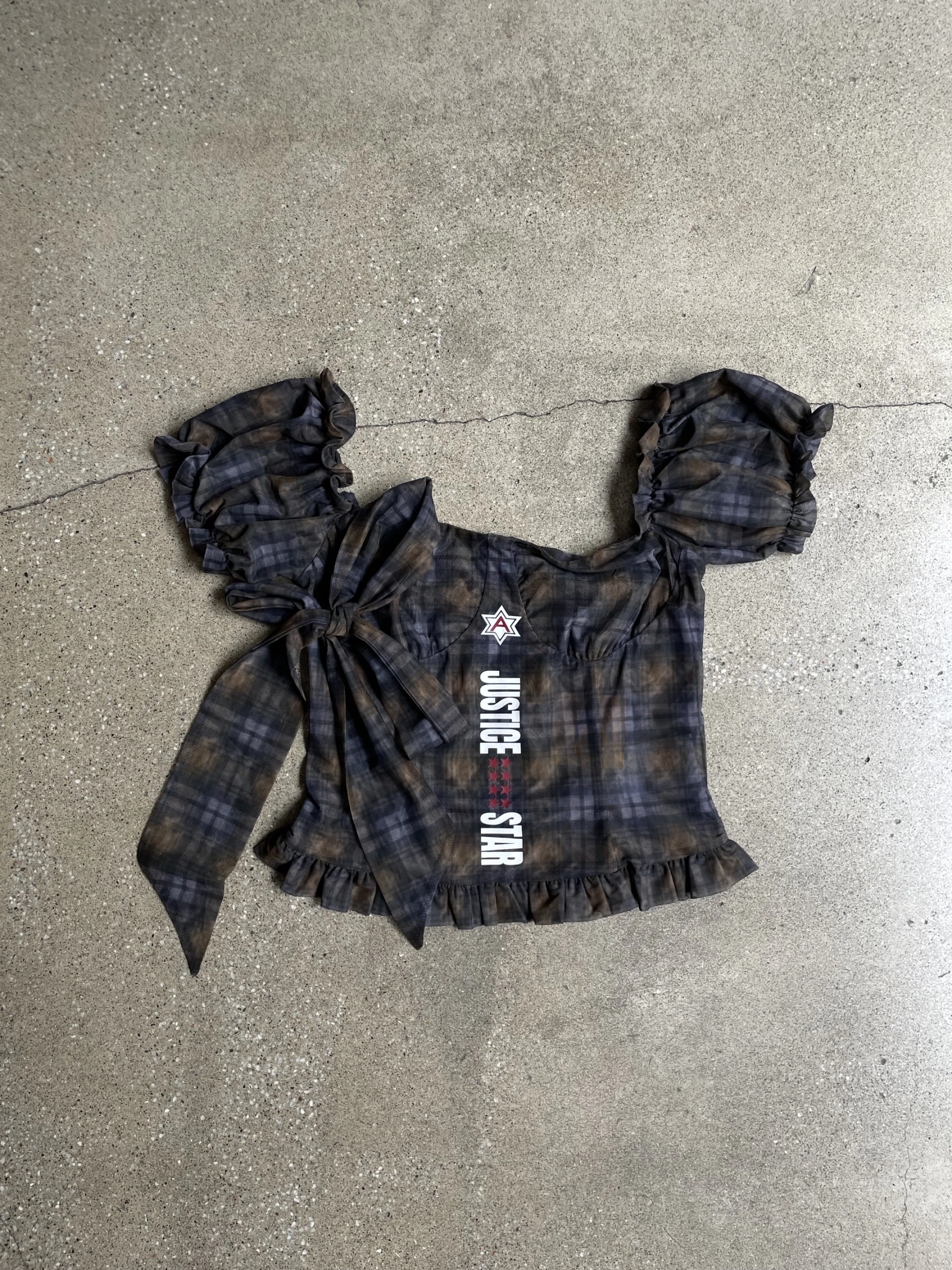 ANOMALIES-Retro plaid mesh puff sleeve short-sleeved top