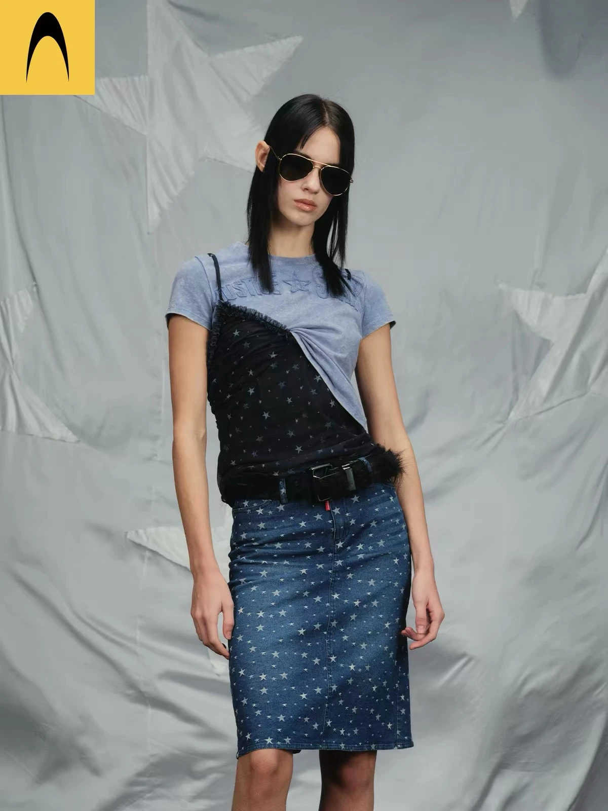 ANOMALIES-Layered deconstructed two-piece short-sleeved top BLUE