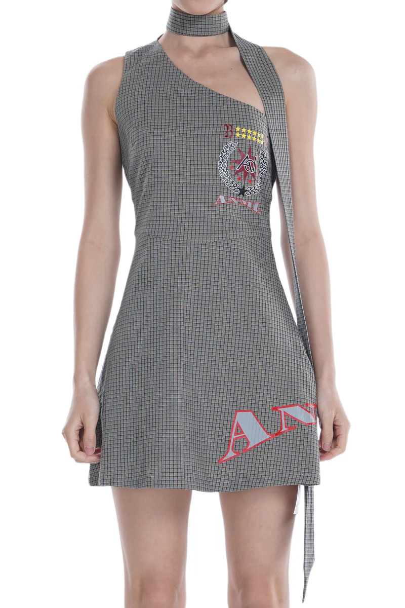 ANOMALIES-Foamed plaid badge off-shoulder dress