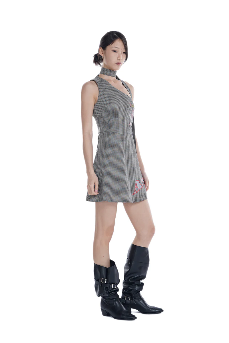 ANOMALIES-Foamed plaid badge off-shoulder dress