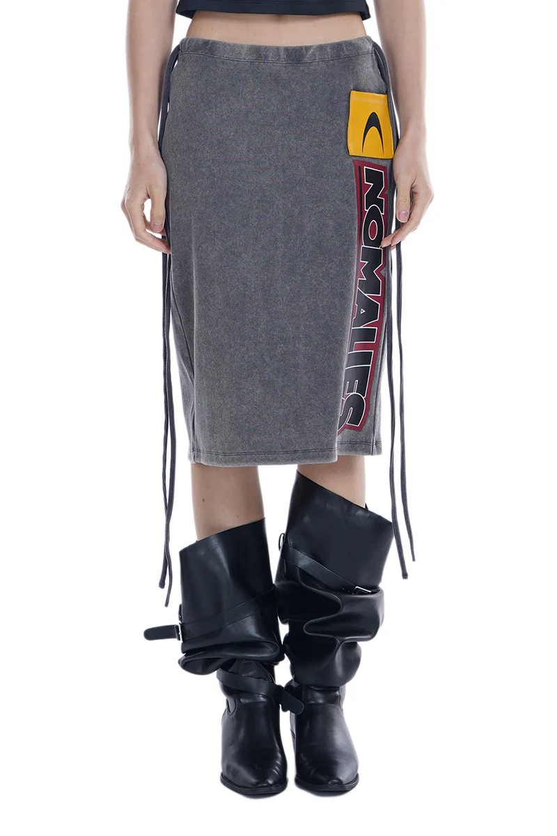 ANOMALIES-Washed grey tie-up stretch knit midi skirt