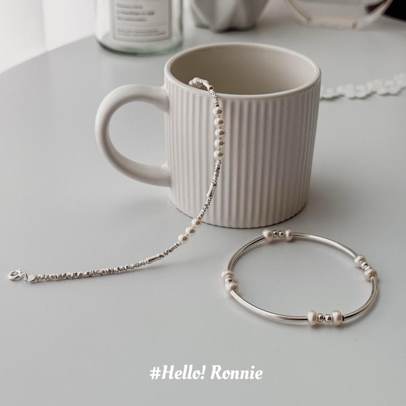 ✨Hello!Ronnie✨現貨S925通體純銀手鍊 純銀手鍊 淡水珍珠手鍊 碎銀子珍珠手鍊 淡水珍珠銀管彈力手鍊