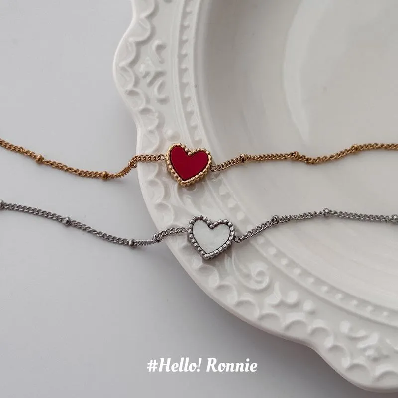 ✨Hello!Ronnie✨ 現貨316L通體鈦鋼手鍊 醫療鋼手鍊 質感紅白貝母愛心手鍊 金/銀