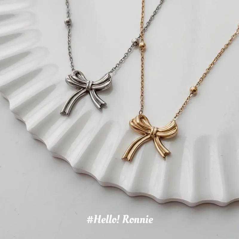 ✨Hello!Ronnie✨現貨316L通體鈦鋼項鍊 醫療鋼項鍊 自訂款超美飄帶蝴蝶結項鍊 金/銀