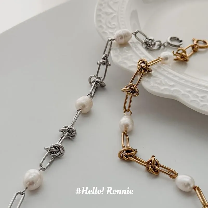 ✨Hello!Ronnie✨現貨316L通體鈦鋼手鍊 醫療鋼手鍊 淡水珍珠扭結手鍊 金/銀