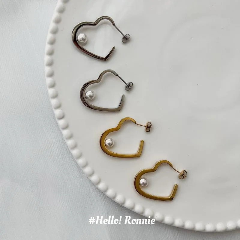 ✨Hello!Ronnie✨現貨316L通體鈦鋼耳環 醫療鋼耳環 珍的愛你 珍珠愛心耳環 金/銀