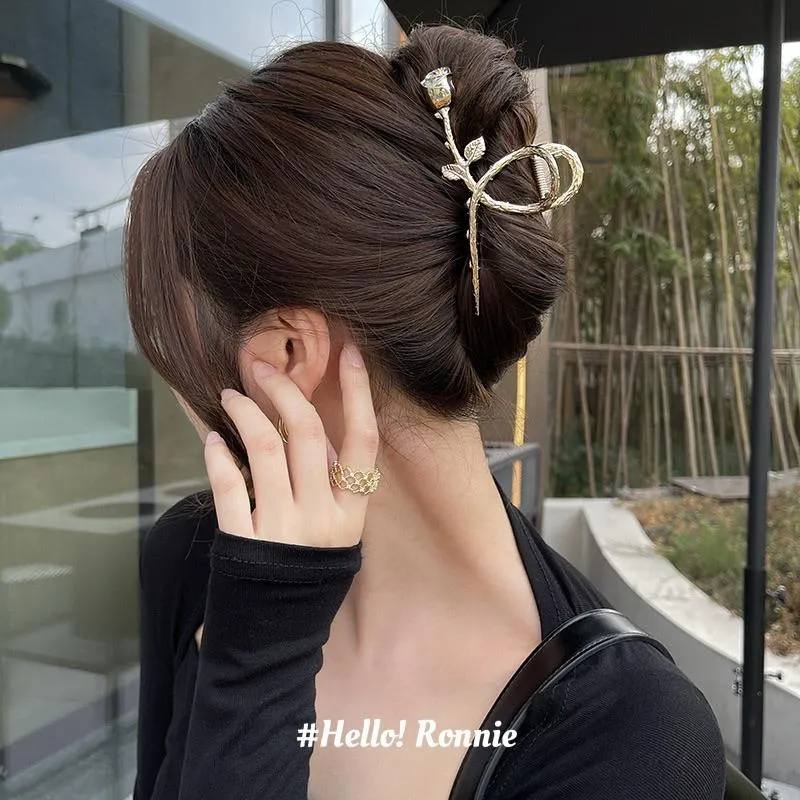 ✨Hello!Ronnie✨現貨 工廠直送 正韓鯊魚夾 高質感單支玫瑰花🌹鯊魚夾 金/銀