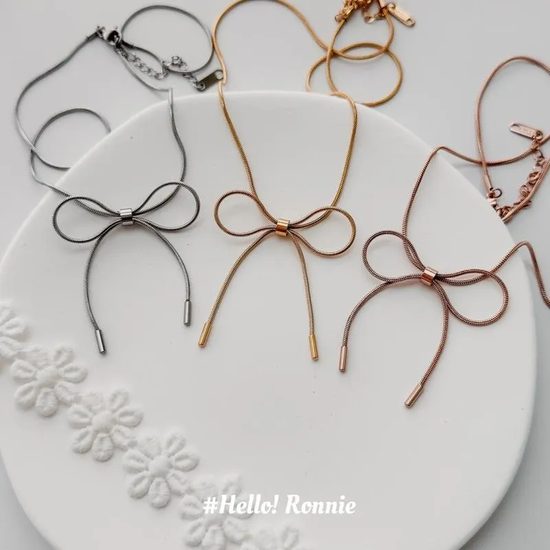 ✨Hello!Ronnie✨現貨316L通體鈦鋼項鍊 醫療鋼項鍊 小姐姐氣質蝴蝶結項鍊 金/銀/玫瑰金