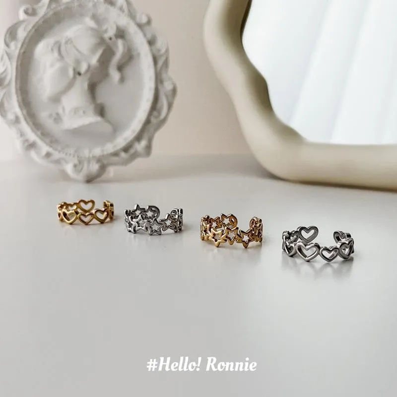 ✨Hello!Ronnie✨現貨316L通體鈦鋼戒指 醫療鋼戒指 超可愛鏤空星星戒指 鏤空愛心開口戒指 金/銀