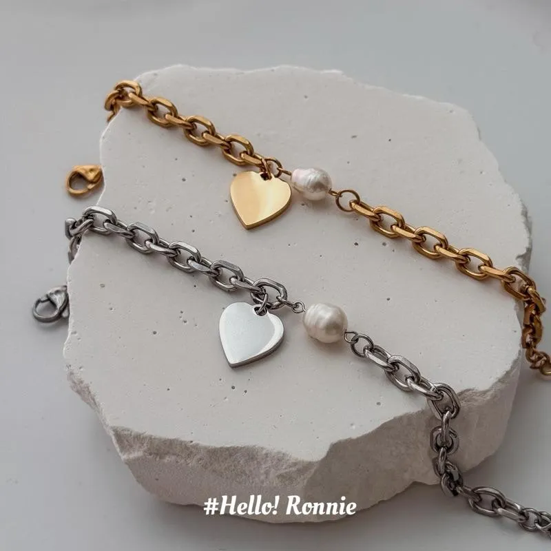 ✨Hello!Ronnie✨現貨316L通體鈦鋼手鍊 醫療鋼手鍊 重工鍊條愛心珍珠手鍊 金/銀