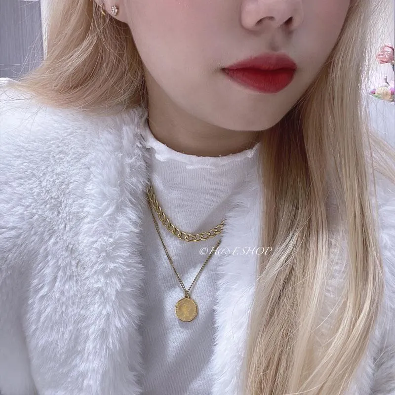 ✨Hello!Ronnie✨獨家設計款現貨316L通體鈦鋼項鍊 醫療鋼項鍊 售完不補 個性重工NK女王頭雙層項鍊 金/銀