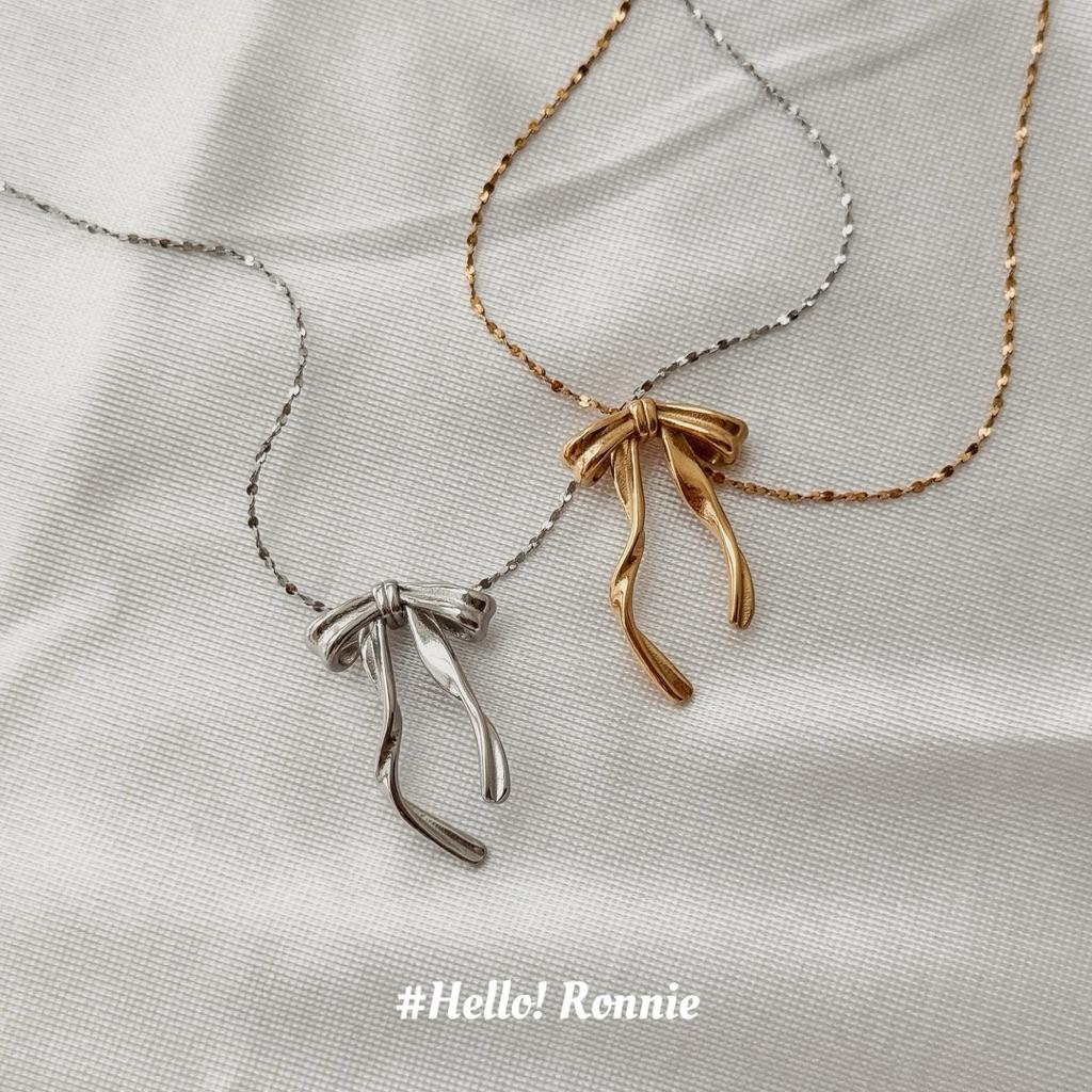✨Hello!Ronnie✨現貨316L通體鈦鋼項鍊 醫療鋼項鍊 飄帶蝴蝶結波光粼粼項鍊 金/銀