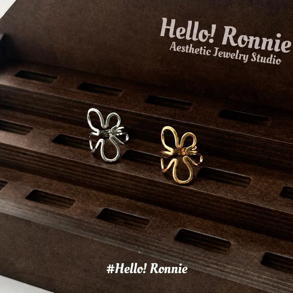 ✨Hello!Ronnie✨現貨316L通體鈦鋼戒指 醫療鋼戒指 鏤空流線小花花開口戒指