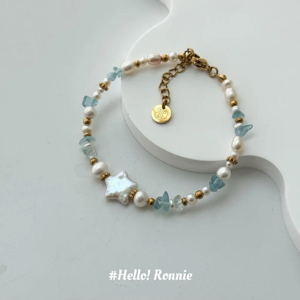 ✨Hello!Ronnie✨獨家設計現貨316L通體鈦鋼手鍊 醫療鋼手鍊  薰光珍珠手鍊·藍星微光