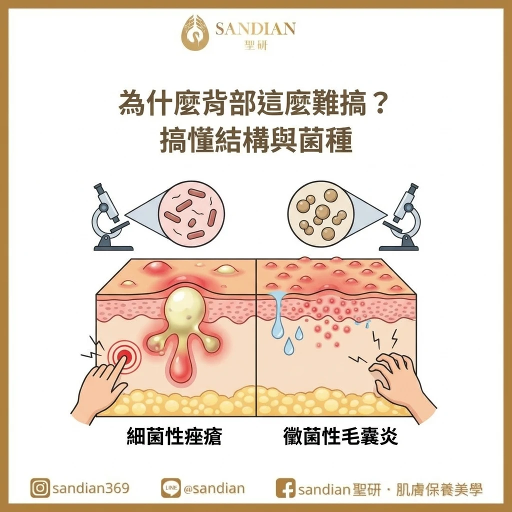 背部痘痘與黴菌性毛囊炎徵狀比較圖