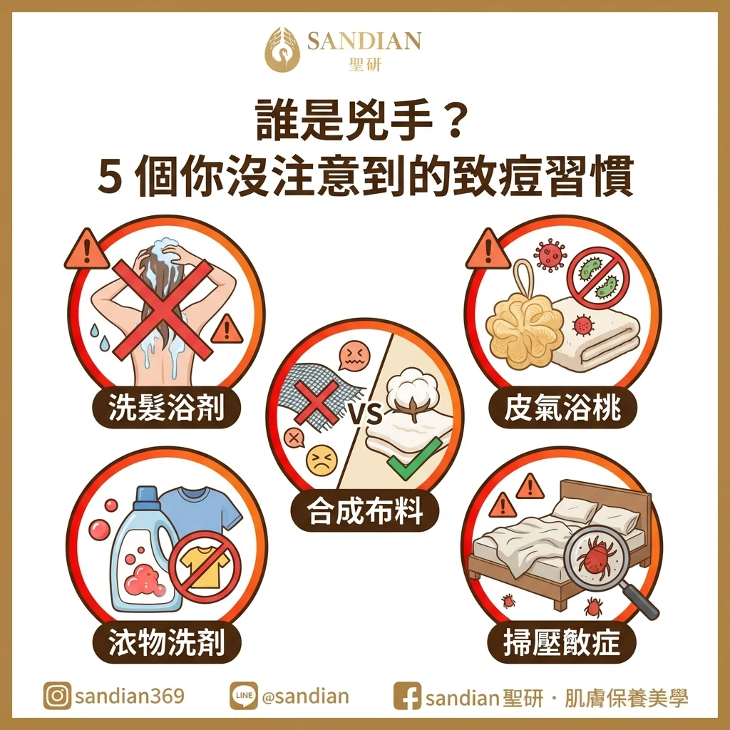 造成背部痘痘的五個不良生活習慣示意圖