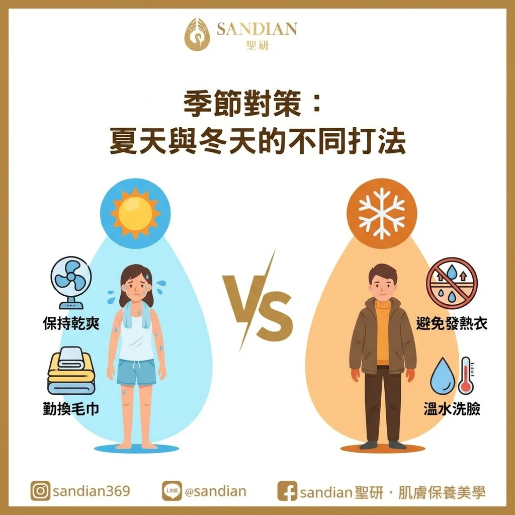 夏天與冬天背部痘痘保養策略對比圖