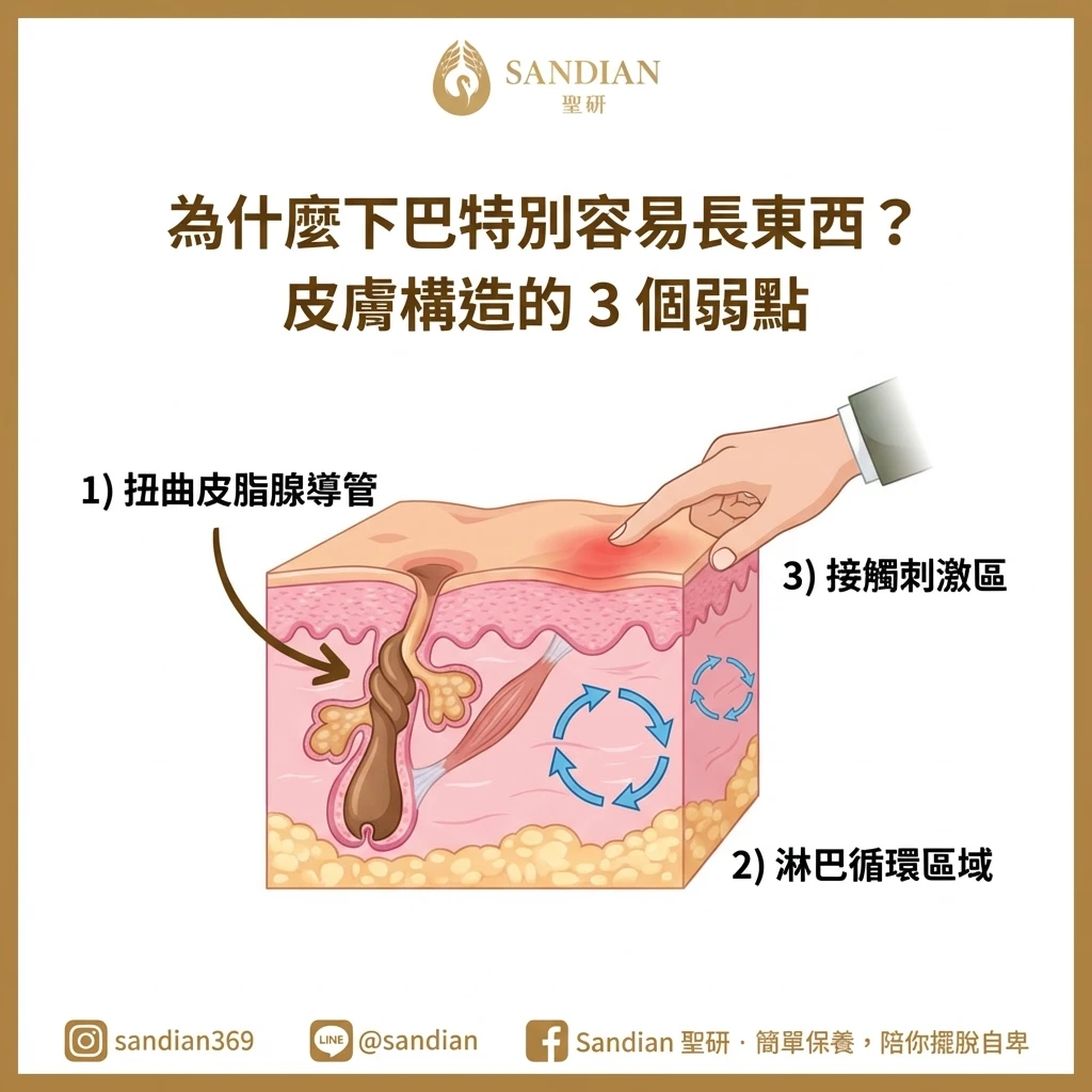 解析下巴與嘴周皮膚構造及痘痘好發原因說明圖