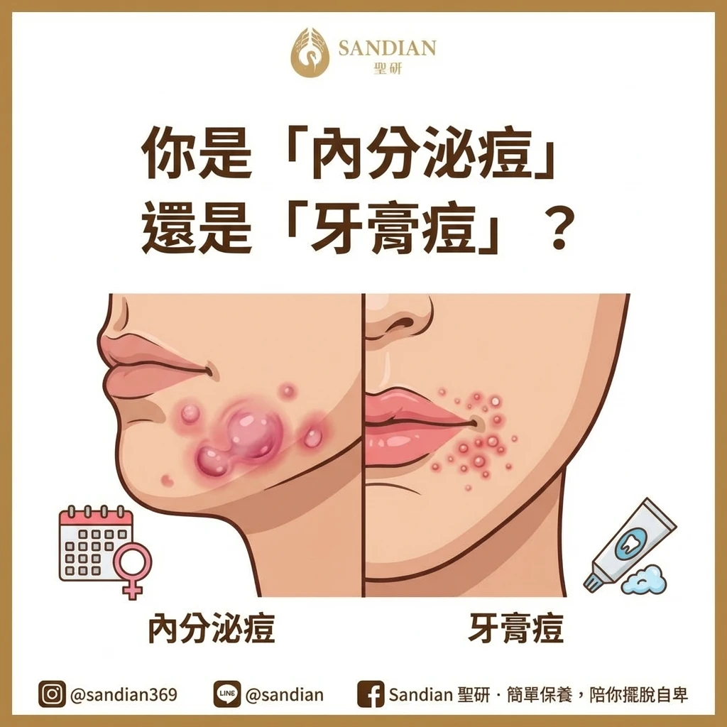 內分泌痘與牙膏痘特徵對照說明圖
