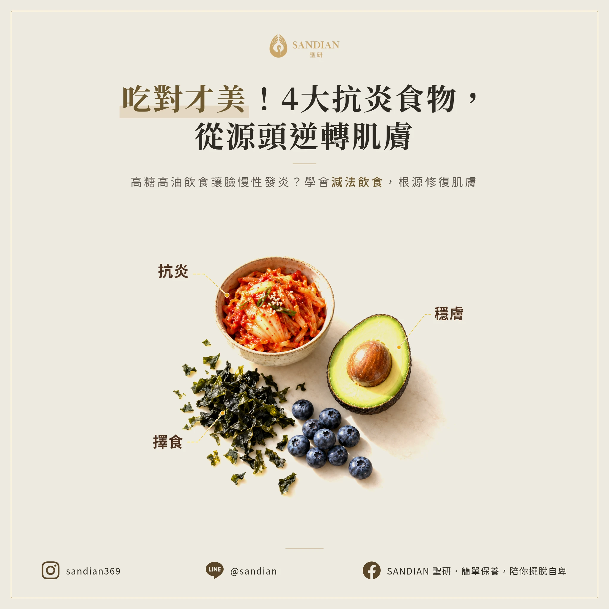 <script type="application/ld+json"> {   "@context": "https://schema.org",   "@type": "Article",   "headline": "韓國人皮膚好不是基因，是 4 大抗炎食物｜皮膚科醫師破解「減法飲食」真相",   "author": {     "@type": "Person",     "name": "Alan 林聖連",     "jobTitle": "抗痘傳教士 / Sandian 聖研創辦人",     "url": "https://www.sandian.tw/post/about-alan",     "sameAs": [       "https://www.instagram.com/sandian.tw/",       "https://www.facebook.com/sandian.tw/",       "https://www.youtube.com/@sandian"     ]   },   "publisher": {     "@type": "Organization",     "name": "Sandian聖研",     "url": "https://www.sandian.tw"   },   "datePublished": "2026-09-13",   "dateModified": "2026-09-13",   "articleSection": "皮膚科醫師",   "mainEntityOfPage": "https://www.sandian.tw/post/korean-skin-anti-inflammatory-diet-dermatologist-guide",   "mentions": [     {       "@type": "Person",       "name": "沈孟暵醫師",       "jobTitle": "皮膚專科醫師",       "sameAs": "https://www.instagram.com/dermashenshawn/"     },     {       "@type": "Thing",       "name": "減法飲食"     },     {       "@type": "Thing",       "name": "腸皮軸"     },     {       "@type": "Thing",       "name": "低升糖飲食"     }   ] } </script> <script type="application/ld+json">{"@context":"https://schema.org","@type":"BreadcrumbList","itemListElement":[{"@type":"ListItem","position":1,"name":"首頁","item":"https://www.sandian.tw"},{"@type":"ListItem","position":2,"name":"部落格","item":"https://www.sandian.tw/blog"}]}</script>  <script type="application/ld+json"> {   "@context": "https://schema.org",   "@type": "Person",   "name": "林聖連 Alan",   "alternateName": "抗痘傳教士",   "jobTitle": "Sandian 聖研創辦人",   "description": "八年酒糟痘痘肌親身經歷，2019 年創立 Sandian 聖研，專為敏感痘痘肌設計極簡保養品。",   "url": "https://www.sandian.tw/post/about-alan",   "worksFor": {     "@type": "Organization",     "name": "Sandian 聖研",     "url": "https://www.sandian.tw"   },   "sameAs": [     "https://www.instagram.com/sandian.tw/",     "https://www.facebook.com/sandian.tw/",     "https://www.youtube.com/@sandian"   ] } </script>  <script type="application/ld+json"> {   "@context": "https://schema.org",   "@type": "FAQPage",   "mainEntity": [     {       "@type": "Question",       "name": "燕麥要吃多久皮膚才會穩定？我吃一週沒感覺",       "acceptedAnswer": {         "@type": "Answer",         "text": "角質代謝週期是 28 天，穩定血糖對皮脂腺的調節至少要撐過一個完整週期才看得出來。我自己實測大概兩個半月，臉開始不會下午就油光滿面。但如果你只吃燕麥其他飲食還是亂吃，效果會被抵銷掉。重點不是單一食物，是整體飲食邏輯的調整。"       }     },     {       "@type": "Question",       "name": "堅果會不會讓我更容易長痘？我本來就很油",       "acceptedAnswer": {         "@type": "Answer",         "text": "這是最常見的誤解。堅果的 Omega-3 是抗炎的好油，跟你臉上那層油脂是兩回事。真正讓你爆痘的是高糖高油的炸物跟甜點，不是核桃杏仁。我自己每天下午吃一小把堅果，皮膚反而變穩定。但要注意別吃調味過的，原味最好，每天一小把就夠，不要把它當零食狂吃。"       }     },     {       "@type": "Question",       "name": "藍莓很貴，冷凍的營養會不會比較差？",       "acceptedAnswer": {         "@type": "Answer",         "text": "冷凍藍莓的花青素含量跟新鮮的差不多，因為採收後立刻冷凍，營養成分反而被鎖住。沈醫師跟我說過，如果預算有限，冷凍的 CP 值更高。我現在是一週吃三四次，每次大概一小碗，加在優格裡或直接吃。撐了兩個多月，發現熬夜後皮膚不會像以前那樣瞬間暗沉蠟黃。"       }     },     {       "@type": "Question",       "name": "益生菌吃保健食品型的有效嗎？還是一定要吃優格？",       "acceptedAnswer": {         "@type": "Answer",         "text": "保健食品型的益生菌也可以，但要選有標示菌株編號的，例如 Lactobacillus rhamnosus GG。不是隨便買一罐寫「腸道健康」就有效。我自己是吃優格搭配蔬菜，撐了兩個月才覺得排便順暢、皮膚穩定。這不是速效藥，是長期投資。選哪種都行，重點是持續吃，給腸道環境時間慢慢調整。"       }     },     {       "@type": "Question",       "name": "抗炎飲食可以完全取代保養品嗎？我還要擦東西嗎？",       "acceptedAnswer": {         "@type": "Answer",         "text": "內調和外用是相輔相成的。抗炎飲食能從根本改善體質，減少發炎反應，但外用保養品能直接修護肌膚屏障、提供保濕和抗氧化保護。兩者搭配才能達到最佳效果。沈醫師也強調，找到適合自己的保養品，才能讓內調的效果事半功倍。我自己的經驗是：減法保養加上飲食調整，這兩條路要同時走。"       }     },     {       "@type": "Question",       "name": "我本來就便秘，吃這些食物會馬上改善嗎？",       "acceptedAnswer": {         "@type": "Answer",         "text": "便秘跟皮膚是連線的，科學界證實了腸皮軸這個概念。但你不能期待吃一週優格就立刻暢通，腸道菌叢要重新建立平衡至少需要 2-4 週。我建議除了益生菌，還要增加蔬菜纖維、多喝水、規律作息。如果便秘嚴重到影響生活，先找醫師評估，不要自己亂調。"       }     }   ] } </script>  <p>韓國人皮膚到底為什麼這麼好？</p>  <p>我這幾年去韓國出差幾次，每次在地鐵上、咖啡廳裡，都會忍不住多看路人幾眼。不是因為他們穿得多時尚，是那種素顏也發光的皮膚質感，真的很難不注意到。回台灣後朋友問我：「是基因吧？還是醫美做很多？」</p>  <p>老實說，我一開始也以為是這樣。但後來跟沈醫師聊過，他說了一句讓我愣住的話：「你看他們餐桌上擺什麼，比看他們化妝台上擺什麼更重要。」</p>  <p>那時候我才真正搞懂一件事：皮膚是你身體狀態的鏡子，你每天吃進去的東西，決定了你的臉會發炎還是穩定。這不是保養品能解決的，這是地基的問題。蓋房子地基沒做好，外牆刷再漂亮都會裂。韓國人的飲食文化裡，有幾樣東西我們台灣人很少認真吃，但那些東西正好是抗炎的關鍵。今天這篇我想跟你聊聊這四種食物，以及為什麼「減法飲食」能讓皮膚從裡面穩下來，這也是一種「回歸」身體最原始的狀態。</p>  <div class="article-summary" style="max-width: 650px; margin: 30px auto; padding: 20px 25px; background-color: #fffbe6; border-left: 4px solid #ffc107; border-radius: 6px;">   <p style="margin: 0 0 12px 0; font-size: 15px; font-weight: bold; color: #555;">⚡ 30 秒快速導讀</p>   <ul style="margin: 0; padding-left: 20px; color: #444; font-size: 14.5px; line-height: 1.9;">     <li>韓國人皮膚好不是基因，是餐桌上的抗炎食物比例高：燕麥、堅果、藍莓、發酵食品</li>     <li>燕麥穩定血糖，從源頭控制皮脂腺分泌，撐兩三個月臉就不會下午瘋狂出油</li>     <li>Omega-3 是修復皮脂膜的建材，不是讓你更油，抗炎才是關鍵</li>     <li>便秘的人皮膚很難好，益生菌調節腸皮軸，毒素不上臉</li>   </ul> </div>  <nav class="article-toc" style="max-width: 650px; margin: 24px auto; padding: 18px 24px; background-color: #fdfaf5; border: 1px solid #e8dec8; border-radius: 8px;">   <p style="margin: 0 0 12px 0; font-size: 14px; font-weight: bold; color: #8a6437; letter-spacing: 1px;">📖 本篇目錄</p>   <ol style="margin: 0; padding-left: 20px; color: #5a5048; font-size: 14.5px; line-height: 2;">     <li><a href="#section-1" style="color: #ad8349; text-decoration: none;">一、4 大抗炎食物，從源頭斷開發炎訊號</a></li>     <li><a href="#section-2" style="color: #ad8349; text-decoration: none;">二、燕麥穩血糖：油肌控油的地基工程</a></li>     <li><a href="#section-3" style="color: #ad8349; text-decoration: none;">三、堅果與奇亞籽：別怕油，你的臉需要好油</a></li>     <li><a href="#section-4" style="color: #ad8349; text-decoration: none;">四、藍莓花青素：對抗自由基的防護罩</a></li>     <li><a href="#section-5" style="color: #ad8349; text-decoration: none;">五、益生菌調腸皮軸：便秘的人皮膚很難好</a></li>     <li><a href="#section-6" style="color: #ad8349; text-decoration: none;">六、內調是地基，保養是裝潢</a></li>     <li><a href="#faq" style="color: #ad8349; text-decoration: none;">常見問題</a></li>   </ol> </nav>  <div style="background: #f0f6fc; border-left: 3px solid #3598db; border-radius: 6px; padding: 14px 18px; margin: 20px 0;">   <strong style="color: #2c3e50; font-size: 14.5px;">👉 延伸閱讀：吃對了皮膚才會好</strong>   <a href="https://www.sandian.tw/post/171690" target="_blank" rel="noopener" style="color: #236fa1; text-decoration: none; font-weight: 600; display: block; margin-top: 4px; font-size: 15px;">&rarr; 小心肝！中醫師的養肝秘訣，常見 6 種養肝茶食材推薦（從肝氣鬱結到皮膚穩定的內調邏輯）</a> </div>  <h2 id="section-1" style="font-size: 22px; color: #2c3e50; border-left: 5px solid #3598db; padding-left: 15px; margin: 30px 0 15px 0;">一、4 大抗炎食物，從源頭斷開發炎訊號</h2>  <p>你有沒有想過，為什麼路上的韓國人，皮膚看起來都那麼水光透亮、毛孔細緻？大部分人去韓國玩回來都會問：「是不是天氣冷？是不是醫美做很多？還是保養品特別厲害？」這些猜測我以前也有過。但後來發現，真正的答案其實很簡單也很殘酷：你吃進去的東西，決定了你的臉會發炎還是穩定。韓國飲食文化裡，發酵食物、海藻類、低糖澱粉的比例明顯比台灣高，這些都是低升糖、高纖維、抗炎的食物。不是說他們基因比較好，是他們每天在做的選擇，剛好對皮膚友善。</p>  <p>這個觀念我是從沈醫師那邊聽來的。他說過一個讓我印象很深的話：如果你的飲食長期高糖高油，身體就在慢性發炎，這時候你擦再貴的精華液，都像是在著火的房子外牆刷油漆。治標不治本。</p>  <p>我自己八年爛臉的經歷裡，有段時間每天擦五六瓶保養品，臉紅腫到連戴口罩都會痛。那時候我以為是我保養不夠認真。後來才慢慢明白，問題不是擦太少，是我根本沒搞懂皮膚在抗議什麼。當你身體一直在製造發炎訊號，外面再怎麼減法保養都只是擋一時，源頭不關掉就永遠在救火。</p>  <p>等等，我重新講。減法保養不是只有外用精簡，飲食也要減法。減掉那些讓你發炎的東西，才有空間讓皮膚自己修復。</p>  <div style="background: #f0f6fc; border-left: 3px solid #3598db; border-radius: 6px; padding: 14px 18px; margin: 20px 0;">   <strong style="color: #2c3e50; font-size: 14.5px;">👉 延伸閱讀：想更深入了解可以看</strong>   <a href="https://www.sandian.tw/post/181936" target="_blank" rel="noopener" style="color: #236fa1; text-decoration: none; font-weight: 600; display: block; margin-top: 4px; font-size: 15px;">&rarr; 芒果是寒性水果嗎？中醫 4 分類：寒性水果有哪些、香蕉火龍果一次查（吃錯水果會越來越醜）</a> </div>  <h2 id="section-2" style="font-size: 22px; color: #2c3e50; border-left: 5px solid #3598db; padding-left: 15px; margin: 30px 0 15px 0;">二、燕麥穩血糖：油肌控油的地基工程</h2>  <p>你有沒有發現，早上吃完精緻澱粉，下午臉就開始瘋狂冒油？我跟你說，這不是巧合，這背後藏著一個你可能不知道的秘密：穩定血糖就是穩定皮脂分泌。在韓國的早餐桌上，燕麥非常常見。這不是因為流行，而是因為他們很早就知道，當你吃精緻澱粉（白吐司、蛋糕、手搖飲），血糖會在短時間內飆高，身體為了壓制血糖，會大量分泌胰島素。胰島素一出手，皮脂腺就像被按下啟動鍵，開始瘋狂製造油脂。這個循環每天重複，你的臉就會越來越油，毛孔越來越粗，粉刺痘痘跟著來。</p>  <div class="science-box" style="background: #f4f8ed; border: 1px solid #c8d8b8; border-radius: 8px; padding: 20px 24px; margin: 24px 0;">   <div style="font-weight: bold; color: #4a6a35; font-size: 15px; margin-bottom: 12px;">🔬 低升糖指數（Low GI）的控油機制</div>   <p style="margin-bottom: 10px;">燕麥是低 GI 食物，消化速度慢，血糖上升平緩，不會刺激胰島素暴衝。具體來說：</p>   <ol style="padding-left: 20px; line-height: 1.9;">     <li><strong>步驟 1：</strong>你吃下燕麥，消化速度慢，葡萄糖緩慢釋放進血液</li>     <li><strong>步驟 2：</strong>血糖維持穩定，胰島素分泌量少且平穩</li>     <li><strong>步驟 3：</strong>皮脂腺不被過度刺激，出油量回到正常水平</li>     <li><strong>步驟 4：</strong>毛孔不被油脂塞住，粉刺痘痘減少</li>   </ol> </div>  <p>這個機制我是從沈醫師那邊聽來的。他說很多長痘痘的患者，飲食習慣一調整，兩三週就能感覺到出油量明顯下降。我自己試過，早餐從奶茶麵包換成燕麥粥配無糖豆漿，撐了差不多兩個半月，臉真的不會下午就油光滿面。燕麥裡還有豐富的維生素 B 群，這是身體代謝脂肪的關鍵，它能幫你把多餘的油代謝掉，而不是積在毛孔裡變成粉刺。</p>  <p>講白了，你的臉不需要更多保養品吸油，需要的是身體內部把油脂處理好。</p>  <div style="background: #f0f6fc; border-left: 3px solid #3598db; border-radius: 6px; padding: 14px 18px; margin: 20px 0;">   <strong style="color: #2c3e50; font-size: 14.5px;">👉 延伸閱讀：吃的順序對了就不怕長痘</strong>   <a href="https://www.sandian.tw/post/183110" target="_blank" rel="noopener" style="color: #236fa1; text-decoration: none; font-weight: 600; display: block; margin-top: 4px; font-size: 15px;">&rarr; 韓星御用抗痘飲食是什麼？7 種吃了皮膚變好的食物（皮膚科醫師點名，從飲食順序到成分機轉完整解析）</a> </div>  <h2 id="section-3" style="font-size: 22px; color: #2c3e50; border-left: 5px solid #3598db; padding-left: 15px; margin: 30px 0 15px 0;">三、堅果與奇亞籽：別怕油，你的臉需要好油</h2>  <p>你是不是也覺得，臉已經很油了，就不能再吃油？這其實是大錯特錯。我跟你說，你的皮膚屏障一直受損，有時候就是因為缺乏健康的油脂。皮脂膜是由神經醯胺、膽固醇、游離脂肪酸按照 3:1:1 的比例組成的，這層膜破了，皮膚就會乾癢敏感泛紅。堅果跟奇亞籽裡的 Omega-3 脂肪酸，正好是修復這層膜的原料。這不是你臉上那層油，是身體需要用來蓋房子的建材。</p>  <p>Omega-3 有個很厲害的功能：抗炎。紅腫痘痘就是皮膚在發炎，你擦再多藥膏都只是壓制表面，身體內部如果一直在製造發炎訊號，痘痘就會反覆長。補充好油能幫助抗炎，讓發炎反應慢慢降下來。我自己每天下午吃一小把核桃或杏仁，撐了三個月左右，發現皮膚沒那麼容易「生氣」泛紅，痘痘也不會動不動就腫成小山丘。</p>  <p class="quote-box" style="background: #fffbe6; border-left: 4px solid #ad8349; padding: 16px 20px; margin: 20px 0; color: #5a5048; line-height: 1.8; font-size: 15px; border-radius: 6px;">不要怕油，你的臉需要的是好油，不是沒油。這是減法邏輯的延伸：不是不吃油，是選對油。</p>  <p>奇亞籽我是早餐灑在燕麥粥裡一起吃，一匙就夠，它遇水會膨脹變成果凍狀，增加飽足感，順便幫腸道清理。這個習慣我維持了快半年，排便順暢很多，皮膚也跟著穩定。直接講，很多人會問我：「那我還需要擦保養品嗎？」當然需要。但你要搞清楚順序。</p>  <div style="background: #f0f6fc; border-left: 3px solid #3598db; border-radius: 6px; padding: 14px 18px; margin: 20px 0;">   <strong style="color: #2c3e50; font-size: 14.5px;">👉 延伸閱讀：體質判斷很重要</strong>   <a href="https://www.sandian.tw/post/chin-acne-causes-treatments" target="_blank" rel="noopener" style="color: #236fa1; text-decoration: none; font-weight: 600; display: block; margin-top: 4px; font-size: 15px;">&rarr; 2026 下巴痘痘終極解析：5 大成因、穩定改善秘訣與醫美推薦（從荷爾蒙到飲食，完整找到你的下巴痘根源）</a> </div>  <h2 id="section-4" style="font-size: 22px; color: #2c3e50; border-left: 5px solid #3598db; padding-left: 15px; margin: 30px 0 15px 0;">四、藍莓花青素：對抗自由基的防護罩</h2>  <p>你知道藍莓為什麼在護膚界被稱為超級食物嗎？它含有高濃度的花青素，這種成分可以想像成皮膚的防護罩，幫你抵擋紫外線、熬夜壓力產生的自由基。自由基是什麼？簡單講就是身體裡的破壞分子，它們會攻擊膠原蛋白、加速老化、引發發炎。當自由基被中和，膠原蛋白流失變慢，發炎反應也會降低，皮膚就不會那麼容易暗沉長斑。</p>  <p>我以前不太吃藍莓，覺得貴又沒什麼飽足感。後來是沈醫師跟我說，如果你預算有限，藍莓可以買冷凍的，營養成分差不多但便宜很多。我現在是一週吃三四次，每次大概一小碗，加在優格裡或直接吃。撐了兩個多月，發現熬夜後皮膚不會像以前那樣瞬間暗沉蠟黃，恢復速度快很多。</p>  <p>不過，要提醒一件事：水果含有果糖，所以重點在於每天適量補充，而非大量食用。你如果一次吃一大盆，血糖還是會飆，反而刺激皮脂分泌。一天一小碗就夠，多了沒用。這也是減法飲食的核心：不是餵你的臉營養過剩的補品，是給它剛好的、對的東西。</p>  <div style="background: #f0f6fc; border-left: 3px solid #3598db; border-radius: 6px; padding: 14px 18px; margin: 20px 0;">   <strong style="color: #2c3e50; font-size: 14.5px;">👉 延伸閱讀：術後修復也要吃對</strong>   <a href="https://www.sandian.tw/post/135779" target="_blank" rel="noopener" style="color: #236fa1; text-decoration: none; font-weight: 600; display: block; margin-top: 4px; font-size: 15px;">&rarr; 痘痘藥膏這樣用最有效！皮膚科醫生專業解析與實用技巧分享（從用法順序到常見錯誤一次講清楚）</a> </div>  <div style="background: #f0f6fc; border-left: 3px solid #3598db; border-radius: 6px; padding: 14px 18px; margin: 20px 0;">   <strong style="color: #2c3e50; font-size: 14.5px;">👉 延伸閱讀：你也擔心這個？先看這篇</strong>   <a href="https://www.sandian.tw/post/183295" target="_blank" rel="noopener" style="color: #236fa1; text-decoration: none; font-weight: 600; display: block; margin-top: 4px; font-size: 15px;">&rarr; 按摩真的能讓鼻子變挺嗎？整形外科醫師破解美鼻謠言：捏鼻夾、物理矯正為什麼沒用？（你下班照鏡子，突然覺得自己鼻子怎麼這）</a> </div>  <h2 id="section-5" style="font-size: 22px; color: #2c3e50; border-left: 5px solid #3598db; padding-left: 15px; margin: 30px 0 15px 0;">五、益生菌調腸皮軸：便秘的人皮膚很難好</h2>  <p>這是一個殘酷的事實：便秘的人，皮膚很難好。科學界證實了腸皮軸這個概念，說明腸道與皮膚是連線的。當腸道壞菌太多，毒素排不出去，最後只能跟著血液跑回臉上變成暗沉與痘痘。你有沒有過那種經驗，三四天沒排便，臉就開始冒痘？那不是巧合，是腸道在抗議。益生菌的功能就是幫你把腸道環境調好，讓好菌佔優勢，壞菌被壓制。好菌多了，腸道蠕動順暢，毒素能正常排出，皮膚就不用幫忙扛排毒的工作。</p>  <p>韓國人很愛吃發酵食品：泡菜、納豆、味噌，這些都是天然的益生菌來源。台灣人比較少這個習慣，但你可以從優格、優酪乳開始。選無糖優格，每天早餐或睡前吃一小杯，如果覺得太酸，可以加一點藍莓或奇亞籽，不要加糖。保健食品型的益生菌也可以，但要選有標示菌株編號的，例如 Lactobacillus rhamnosus GG。不是隨便買一罐寫腸道健康就有效。</p>  <p>我自己是吃優格搭配蔬菜，撐了兩個月才覺得排便順暢、皮膚穩定。這不是速效藥，是一種長期的投資。慢慢來，皮膚一定會感受到你的善待。</p>  <div style="background: #f0f6fc; border-left: 3px solid #3598db; border-radius: 6px; padding: 14px 18px; margin: 20px 0;">   <strong style="color: #2c3e50; font-size: 14.5px;">👉 延伸閱讀：杏仁酸也要懂成分</strong>   <a href="https://www.sandian.tw/post/71566" target="_blank" rel="noopener" style="color: #236fa1; text-decoration: none; font-weight: 600; display: block; margin-top: 4px; font-size: 15px;">&rarr; 擦杏仁酸臉紅刺痛？解析正確用法與保養順序，避開 6 大常見誤區（含本人兩年實測心得，從濃度選擇到術後修復）</a> </div>  <div style="background: #f0f6fc; border-left: 3px solid #3598db; border-radius: 6px; padding: 14px 18px; margin: 20px 0;">   <strong style="color: #2c3e50; font-size: 14.5px;">👉 延伸閱讀：想更深入了解可以看</strong>   <a href="https://www.sandian.tw/post/皮膚科醫師揭密韓國人靠吃讓皮膚變好的真正原理69394cc52a6ea" target="_blank" rel="noopener" style="color: #236fa1; text-decoration: none; font-weight: 600; display: block; margin-top: 4px; font-size: 15px;">&rarr; 【皮膚科醫師觀點】韓國人皮膚通透的秘密？比起醫美，他們更敢吃這份「抗炎清單」（我這幾年去韓國出差幾次，每次在地鐵上）</a> </div>  <h2 id="section-6" style="font-size: 22px; color: #2c3e50; border-left: 5px solid #3598db; padding-left: 15px; margin: 30px 0 15px 0;">六、內調是地基，保養是裝潢</h2>  <p>蓋房子如果地基沒做好，外牆刷再漂亮都會裂。內調是地基，保養是裝潢。如果飲食習慣穩固，擦的乳液才能發揮 100% 功效。若身體一直在發炎，再貴的保養品也只能忙著救火，根本沒空修復。我八年走過來的經驗是：減法保養加上飲食調整，這兩條路要同時走。外面精簡，不堆疊保養品。裡面穩固，不製造發炎訊號。皮膚才有空間自己修復。</p>  <p>這不是速效藥。</p>  <p>是一種長期的投資。慢慢來，皮膚一定會感受到你的善待，並用穩定與光澤來回報你。沈醫師說過一句話我印象很深：「皮膚是內臟的鏡子，你怎麼對待身體，皮膚就怎麼對待你。」</p>  <table style="width: 100%; border-collapse: collapse; background-color: #fdfaf5; border: 1px solid #e8dec8; margin: 30px 0;">   <thead>     <tr>       <th style="padding: 12px; border: 1px solid #e8dec8; background-color: #f0e6d2; text-align:-webkit-left; font-weight: bold;">營養過剩的做法</th>       <th style="padding: 12px; border: 1px solid #e8dec8; background-color: #f0e6d2; text-align:-webkit-left; font-weight: bold;">減法飲食的邏輯</th>     </tr>   </thead>   <tbody>     <tr>       <td style="padding: 12px; border: 1px solid #e8dec8;">遇到皮膚問題，先狂擦各種保養品</td>       <td style="padding: 12px; border: 1px solid #e8dec8;">先從飲食內調開始，搭配精簡保養</td>     </tr>     <tr>       <td style="padding: 12px; border: 1px solid #e8dec8;">以為補充越多營養，皮膚會越好</td>       <td style="padding: 12px; border: 1px solid #e8dec8;">給皮膚剛好的、對的東西，不是越多越好</td>     </tr>     <tr>       <td style="padding: 12px; border: 1px solid #e8dec8;">對飲食不忌口，認為跟皮膚無關</td>       <td style="padding: 12px; border: 1px solid #e8dec8;">避免高糖高油，多攝取抗炎食物，穩定血糖</td>     </tr>     <tr>       <td style="padding: 12px; border: 1px solid #e8dec8;">只追求短期見效，忽略長期調理</td>       <td style="padding: 12px; border: 1px solid #e8dec8;">耐心觀察皮膚週期，建立長期健康的飲食習慣</td>     </tr>   </tbody> </table>  <div style="background: #f0f6fc; border-left: 3px solid #3598db; border-radius: 6px; padding: 14px 18px; margin: 20px 0;">   <strong style="color: #2c3e50; font-size: 14.5px;">👉 延伸閱讀：如果你被痘疤困擾很久</strong>   <a href="https://www.sandian.tw/post/皮膚科醫師觀點為什麼你已經很努力了痘疤卻還在694d07520dd96" target="_blank" rel="noopener" style="color: #236fa1; text-decoration: none; font-weight: 600; display: block; margin-top: 4px; font-size: 15px;">&rarr; 【皮膚科醫師觀點】為什麼很努力擦藥，痘疤卻還在？揭開「無效保養」的真相（別再花冤枉錢，從根源找到問題）</a> </div>  <section class="faq-section"> <h2>常見問題</h2> <h3>燕麥要吃多久皮膚才會穩定？我吃一週沒感覺</h3> <p>角質代謝週期是 28 天，穩定血糖對皮脂腺的調節至少要撐過一個完整週期才看得出來。我自己實測大概兩個半月，臉開始不會下午就油光滿面。但如果你只吃燕麥其他飲食還是亂吃，效果會被抵銷掉。重點不是單一食物，是整體飲食邏輯的調整。</p> <h3>堅果會不會讓我更容易長痘？我本來就很油</h3> <p>這是最常見的誤解。堅果的 Omega-3 是抗炎的好油，跟你臉上那層油脂是兩回事。真正讓你爆痘的是高糖高油的炸物跟甜點，不是核桃杏仁。我自己每天下午吃一小把堅果，皮膚反而變穩定。但要注意別吃調味過的，原味最好，每天一小把就夠，不要把它當零食狂吃。</p> <h3>藍莓很貴，冷凍的營養會不會比較差？</h3> <p>冷凍藍莓的花青素含量跟新鮮的差不多，因為採收後立刻冷凍，營養成分反而被鎖住。沈醫師跟我說過，如果預算有限，冷凍的 CP 值更高。我現在是一週吃三四次，每次大概一小碗，加在優格裡或直接吃。撐了兩個多月，發現熬夜後皮膚不會像以前那樣瞬間暗沉蠟黃。</p> <h3>抗炎飲食對<b>輕微痘痘</b>有效嗎？還是只有嚴重痘痘才需要？</h3> <p>抗炎飲食對於<b>輕微痘痘</b>同樣有效，甚至能預防痘痘惡化。發炎是所有痘痘的根本原因，無論輕重。透過飲食減少體內發炎反應，能從源頭改善皮脂腺分泌、角質代謝，讓皮膚整體環境更健康。即使只是偶爾冒幾顆痘，調整飲食也能讓皮膚更穩定，減少復發機會。</p> <h3>抗炎飲食多久會看到效果？皮膚<b>兩側</b>的泛紅會改善嗎？</h3> <p>抗炎飲食看到效果的時間因人而異，但通常需要至少 1-3 個月才能感受到明顯變化。皮膚細胞的更新週期約 28 天，腸道菌叢的調整也需要時間。持續執行，你會發現皮膚<b>兩側</b>的泛紅、敏感狀況會逐漸趨緩，因為體內的慢性發炎反應被抑制，血管擴張和組織受損的機會也隨之降低。</p> <h3>除了飲食，還有哪些生活習慣能幫助皮膚抗炎？</h3> <p>除了飲食，充足睡眠、適度運動和壓力管理也是皮膚抗炎的關鍵。睡眠不足會導致皮質醇升高，加劇發炎；規律運動能促進血液循環和排毒；而慢性壓力則會直接影響腸道健康和免疫系統。三者相輔相成，才能讓抗炎效果最大化，讓皮膚從內而外散發健康光澤。</p> <h3>抗炎飲食會不會很難堅持？有沒有簡單入門的方法？</h3> <p>抗炎飲食一開始可能會覺得有點挑戰，但其實有很多簡單入門的方法。可以從「減法」開始，例如先戒掉含糖飲料和加工食品，再慢慢增加原型食物的攝取。每天從一餐開始調整，例如早餐吃燕麥、午餐多蔬菜。循序漸進，你會發現它比想像中容易融入生活，而且身體會給你正向回饋。</p> </section>  <script type="application/ld+json"> {"@context":"https://schema.org","@type":"FAQPage","mainEntity":[{"@type":"Question","name":"燕麥要吃多久皮膚才會穩定？我吃一週沒感覺","acceptedAnswer":{"@type":"Answer","text":"角質代謝週期是 28 天，穩定血糖對皮脂腺的調節至少要撐過一個完整週期才看得出來。我自己實測大概兩個半月，臉開始不會下午就油光滿面。但如果你只吃燕麥其他飲食還是亂吃，效果會被抵銷掉。重點不是單一食物，是整體飲食邏輯的調整。"}},{"@type":"Question","name":"堅果會不會讓我更容易長痘？我本來就很油","acceptedAnswer":{"@type":"Answer","text":"這是最常見的誤解。堅果的 Omega-3 是抗炎的好油，跟你臉上那層油脂是兩回事。真正讓你爆痘的是高糖高油的炸物跟甜點，不是核桃杏仁。我自己每天下午吃一小把堅果，皮膚反而變穩定。但要注意別吃調味過的，原味最好，每天一小把就夠，不要把它當零食狂吃。"}},{"@type":"Question","name":"藍莓很貴，冷凍的營養會不會比較差？","acceptedAnswer":{"@type":"Answer","text":"冷凍藍莓的花青素含量跟新鮮的差不多，因為採收後立刻冷凍，營養成分反而被鎖住。沈醫師跟我說過，如果預算有限，冷凍的 CP 值更高。我現在是一週吃三四次，每次大概一小碗，加在優格裡或直接吃。撐了兩個多月，發現熬夜後皮膚不會像以前那樣瞬間暗沉蠟黃。"}},{"@type":"Question","name":"抗炎飲食對<b>輕微痘痘</b>有效嗎？還是只有嚴重痘痘才需要？","acceptedAnswer":{"@type":"Answer","text":"抗炎飲食對於<b>輕微痘痘</b>同樣有效，甚至能預防痘痘惡化。發炎是所有痘痘的根本原因，無論輕重。透過飲食減少體內發炎反應，能從源頭改善皮脂腺分泌、角質代謝，讓皮膚整體環境更健康。即使只是偶爾冒幾顆痘，調整飲食也能讓皮膚更穩定，減少復發機會。"}},{"@type":"Question","name":"抗炎飲食多久會看到效果？皮膚<b>兩側</b>的泛紅會改善嗎？","acceptedAnswer":{"@type":"Answer","text":"抗炎飲食看到效果的時間因人而異，但通常需要至少 1-3 個月才能感受到明顯變化。皮膚細胞的更新週期約 28 天，腸道菌叢的調整也需要時間。持續執行，你會發現皮膚<b>兩側</b>的泛紅、敏感狀況會逐漸趨緩，因為體內的慢性發炎反應被抑制，血管擴張和組織受損的機會也隨之降低。"}},{"@type":"Question","name":"除了飲食，還有哪些生活習慣能幫助皮膚抗炎？","acceptedAnswer":{"@type":"Answer","text":"除了飲食，充足睡眠、適度運動和壓力管理也是皮膚抗炎的關鍵。睡眠不足會導致皮質醇升高，加劇發炎；規律運動能促進血液循環和排毒；而慢性壓力則會直接影響腸道健康和免疫系統。三者相輔相成，才能讓抗炎效果最大化，讓皮膚從內而外散發健康光澤。"}},{"@type":"Question","name":"抗炎飲食會不會很難堅持？有沒有簡單入門的方法？","acceptedAnswer":{"@type":"Answer","text":"抗炎飲食一開始可能會覺得有點挑戰，但其實有很多簡單入門的方法。可以從「減法」開始，例如先戒掉含糖飲料和加工食品，再慢慢增加原型食物的攝取。每天從一餐開始調整，例如早餐吃燕麥、午餐多蔬菜。循序漸進，你會發現它比想像中容易融入生活，而且身體會給你正向回饋。"}}]} </script>  <h2>沈孟暵醫師個人介紹</h2>  <p><a href="https://www.instagram.com/dermashenshawn/" target="_blank" rel="noopener"><img style="display: block; margin-left: auto; margin-right: auto;" src="https://sandian-app-production.up.railway.app/assets/doctors/dermashenshawn.webp" alt="沈孟暵醫師個人介紹" width="426" height="172" loading="lazy" decoding="async" /></a></p>  <p>如果你在皮膚問題上卡住很久，找不到方向，也可以找 <strong><span style="color: #34495e;">皮膚科 沈孟暵醫師</span></strong> 諮詢。</p>  <p>許多人面對皮膚問題，以為只要狂擦保養品就能解決，以為醫美是唯一的捷徑，以為只要避開特定食物就能一勞永逸。這些誤解常常讓你在錯誤的道路上打轉，花費大量金錢和時間，卻始終無法真正改善膚況。沈孟暵醫師能幫助你跳脫這些迷思，從根本理解皮膚問題。</p>  <p>沈孟暵醫師擅長處理痘痘、痘疤修護、肌膚屏障修復等問題，他能用你聽得懂的方式，清楚解釋你的皮膚到底是什麼狀態、為什麼會這樣、保養順序和成分該怎麼調整。他會引導你從科學角度理解皮膚生理，不再盲目跟風，而是找到真正適合自己的保養策略。</p>  <p>當你開始理解自己的皮膚在發生什麼，很多焦慮其實會慢慢放下來。因為你會發現，皮膚不是在「亂掉」。其實是有邏輯的。沈醫師的專業知識和耐心解說，能幫助你建立對自己皮膚的信心，從此告別反覆的皮膚困擾。</p>  <p>有些問題，不是靠一直換產品能解決的。其實是需要一個真的懂的人，幫你看清楚方向。</p>  <hr style="border: 0; border-top: 1px solid #e0e0e0; margin: 40px 0;" />  <div class="reader-letter" style="background:#f5efe2;border-left:3px solid #ad8349;padding:16px 20px;border-radius:6px;margin:20px 0;"> <h4 style="margin-top:0;color:#8a6437;">📩 讀者來信</h4> <p><em>「我一直以為韓國人皮膚好是因為他們醫美很發達，或是天生基因比較好。我試過很多保養品，也花了不少錢打雷射，但皮膚還是常常泛紅、長痘，感覺很敏感。看了這篇文章才知道，原來飲食對皮膚的影響這麼大，而且他們吃的抗炎清單，很多都是我平常會避開的食物，像是堅果、燕麥。感覺自己以前的觀念都錯了，但要完全改變飲食習慣，真的有點不知道從何開始，會不會很難堅持下去？」</em></p> <p><strong>Alan 回覆：</strong> 你的困惑很真實，這也是很多人會遇到的問題。改變飲食習慣確實需要時間和耐心，但只要從簡單的「減法」開始，你會發現皮膚會給你最直接的回饋。</p> </div>  <p><a href="https://www.instagram.com/sandian.tw/" target="_blank" rel="noopener"><img style="display: block; margin-left: auto; margin-right: auto;" src="https://sandian-app-production.up.railway.app/assets/doctors/alan-sandian.webp" alt="Alan 抗痘傳教士｜Sandian 聖研創辦人" width="426" height="172" loading="lazy" decoding="async" /></a></p>  <h3>抗痘傳教士 Alan｜我的看法</h3>  <p>韓國人皮膚通透的秘密，真的不是你的錯，但很多人對「好皮膚」的誤解，讓你一直用錯方式對待自己的皮膚。我們總以為外在塗抹是唯一解方，卻忽略了身體內部的平衡才是關鍵。</p>  <p>不吃不對，亂吃也不對。</p>  <p>沈孟暵醫師給的方法很簡單：從飲食開始，選擇那些能幫助身體抗炎的食物，減少那些會引發發炎反應的。你的皮膚每天都在跟你說話，問題是你有沒有在聽。當你開始給它對的「燃料」，它自然會回報你健康的狀態。</p>  <p>選對成分，選對時機，皮膚真的沒有你想的難搞。</p>  <p><span style="color: #34495e;"><strong>我是 Alan，Sandian 聖研的創辦人。八年前爛到不敢照鏡子，所以有了聖研。</strong></span><br />減法保養是我的答案，如果也能幫到你，就值了。✊</p>  <div style="text-align:-webkit-center; margin-bottom: 40px; background-color: #fdfaf5; padding: 35px 25px; border: 1px solid #ffcc00; border-radius: 12px; box-shadow: 0 4px 10px rgba(0,0,0,0.05);">   <h3 style="margin: 0 0 15px 0; color: #555; font-size: 20px; font-weight: bold;">🤔 不確定該選哪一瓶？找到你的穩定配方！</h3>   <p style="color: #666; font-size: 15px; margin-bottom: 20px;">透過專業 AI 檢測，立即獲得針對性產品建議。</p>   <a href="https://www.sandian.tw/page/%E6%89%BE%E5%88%B0%E5%A6%B3%E7%9A%84%E7%A9%A9%E5%AE%9A%E9%85%8D%E6%96%B9" target="_blank" rel="noopener" style="display: inline-block; background-color: #ffc107; color: #333; padding: 12px 35px; border-radius: 4px; text-decoration: none; font-weight: bold; font-size: 16px; letter-spacing: 1px;">立即開始肌膚測試 &rarr;</a> </div>  <div style="text-align:-webkit-center; margin-top: 40px;">   <a href="https://sandian-app-production.up.railway.app/r/line?slug=korean-skin-anti-inflammatory-diet-dermatologist-guide&src=article-body" target="_blank" rel="noopener" style="display: block; max-width: 400px; margin: 0 auto; background-color: #00b900; color: white; padding: 18px 0; border-radius: 8px; text-decoration: none; font-size: 17px; font-weight: bold; box-shadow: 0 4px 10px rgba(0,185,0,0.3);">💬 點此加入LINE！專業客服一對一諮詢 💬</a>   <p style="font-size: 13px; color: #999; margin-top: 10px;">由專人為您解答膚況與產品問題</p> </div>  <div style="text-align:-webkit-center; margin: 40px 0 20px 0;">   <hr style="border: 0; border-top: 1px solid #e0e0e0; max-width: 50%; margin: 15px auto;" />   <p style="font-size: 13px; color: #aaa; letter-spacing: 1px;">MORE ARTICLES</p> </div>  <div style="background-color: #f9f9f9; padding: 20px; border-radius: 8px;"> <h4 style="margin: 0 0 15px 0; font-size: 16px; color: #333; font-weight: bold; border-left: 3px solid #3598db; padding-left: 10px;">延伸閱讀</h4> <ul style="list-style: none; padding: 0; margin: 0;">   <li style="margin-bottom: 12px; border-bottom: 1px dashed #eee; padding-bottom: 8px;"><a href="https://www.sandian.tw/post/皮膚科醫師揭密韓國人靠吃讓皮膚變好的真正原理69394cc52a6ea" style="text-decoration: none; color: #3598db; font-size: 14px; display: block;">👉 【皮膚科醫師觀點】韓國人皮膚通透的秘密？比起醫美，他們更敢吃這份「抗炎清單」｜沈孟暵醫師解析韓國人如何透過飲食改善膚質，而非單純依賴醫美。</a></li>   <li style="margin-bottom: 12px; border-bottom: 1px dashed #eee; padding-bottom: 8px;"><a href="https://www.sandian.tw/post/chin-acne-causes-treatments" style="text-decoration: none; color: #3598db; font-size: 14px; display: block;">👉 2026下巴痘痘終極解析：5大成因、穩定改善秘訣與醫美推薦，徹底擺脫「口罩痘」、「下顎線痘」困擾｜深入了解下巴痘痘的成因與治療方法，告別反覆發炎。</a></li>   <li style="margin-bottom: 12px; border-bottom: 1px dashed #eee; padding-bottom: 8px;"><a href="https://www.sandian.tw/post/皮膚科醫師觀點為什麼你已經很努力了痘疤卻還在694d07520dd96" style="text-decoration: none; color: #3598db; font-size: 14px; display: block;">👉 【皮膚科醫師觀點】為什麼很努力擦藥， 痘疤卻還在？揭開「無效保養」的真相，別再花冤枉錢！｜沈孟暵醫師直接講給你聽痘疤難以消除的真正原因，避免無效保養。</a></li>   <li style="margin-bottom: 12px; border-bottom: 1px dashed #eee; padding-bottom: 8px;"><a href="https://www.sandian.tw/post/71566" style="text-decoration: none; color: #3598db; font-size: 14px; display: block;">👉 擦杏仁酸臉紅刺痛？解析正確用法與保養順序，避開 6 大常見誤區（含本人兩年實測心得）｜Alan 親身分享杏仁酸使用心得，教你如何正確煥膚不踩雷。</a></li>   <li style="margin-bottom: 12px; border-bottom: 1px dashed #eee; padding-bottom: 8px;"><a href="https://www.sandian.tw/post/171690" style="text-decoration: none; color: #3598db; font-size: 14px; display: block;">👉 小心肝！中醫師的養肝秘訣，常見6種養肝茶食材推薦，讓妳漂亮內外兼具｜從中醫角度探討養肝對皮膚的重要性，推薦天然養肝茶飲。</a></li>   <li style="margin-bottom: 12px; border-bottom: 1px dashed #eee; padding-bottom: 8px;"><a href="https://www.sandian.tw/post/181936" style="text-decoration: none; color: #3598db; font-size: 14px; display: block;">👉 芒果是寒性水果嗎？中醫 4 分類：寒性水果有哪些、香蕉火龍果一次查｜了解不同水果的屬性，幫助你選擇適合自己體質的食物，避免加重皮膚問題。</a></li> </ul> </div>
