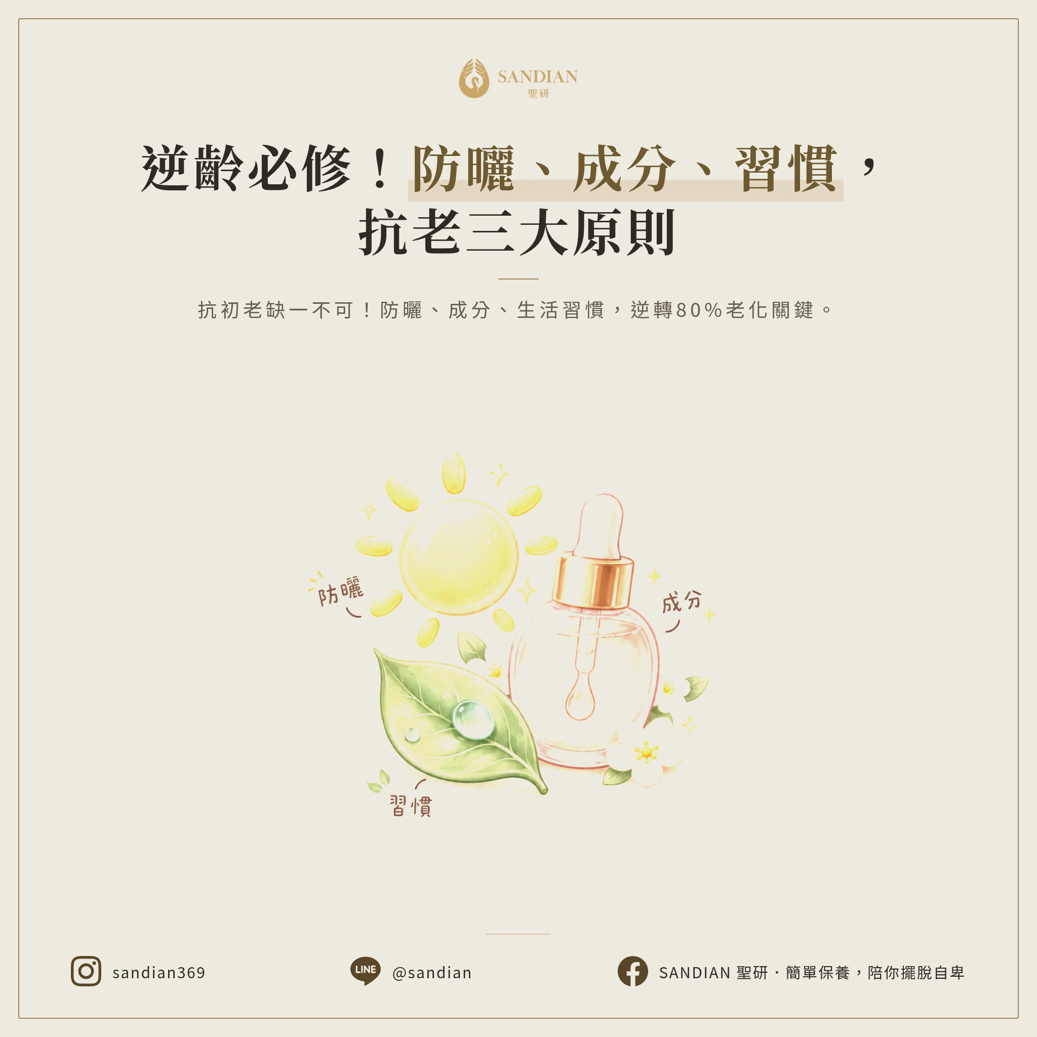 二、抗老三大原則:防曬、成分、生活習慣