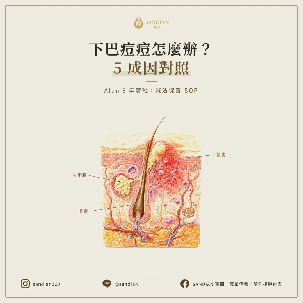 下巴痘痘怎麼辦？5 個成因對照＋減法保養 SOP｜Alan 八年實戰