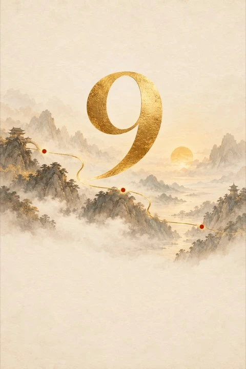 水墨山景與金色數字九