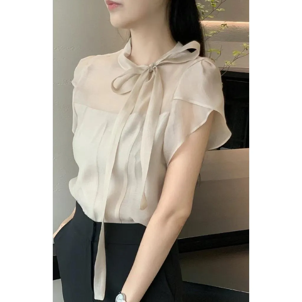 🇰🇷Chloe C. 韓國東大門服飾🇰🇷 eeyou 正韓拼接薄紗繞頸綁帶短袖上衣