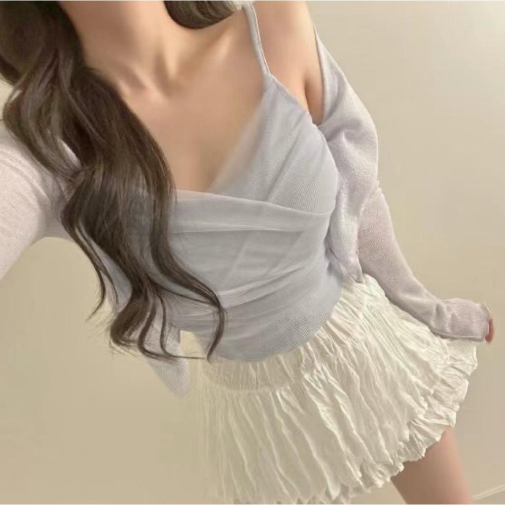 🇰🇷Chloe C. 韓國東大門服飾🇰🇷 eeyou 正韓薄紗交叉領細肩背心外套套裝SET