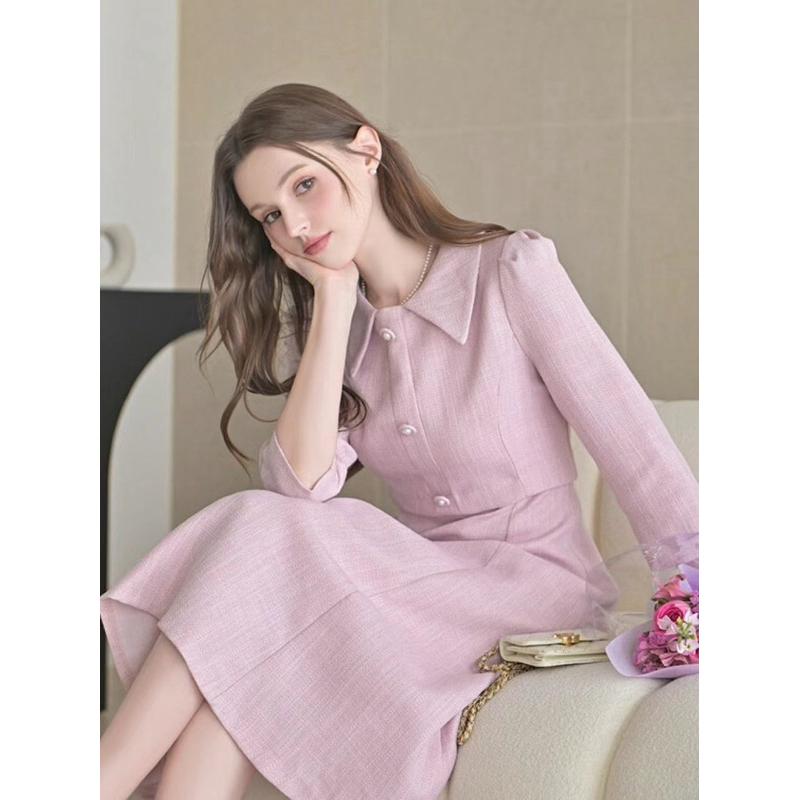 🇰🇷Chloe C. 韓國東大門服飾🇰🇷eeyou  [斷貨出清款］ 正韓立領仙女款排扣七分袖洋裝.婚禮.約會宴會