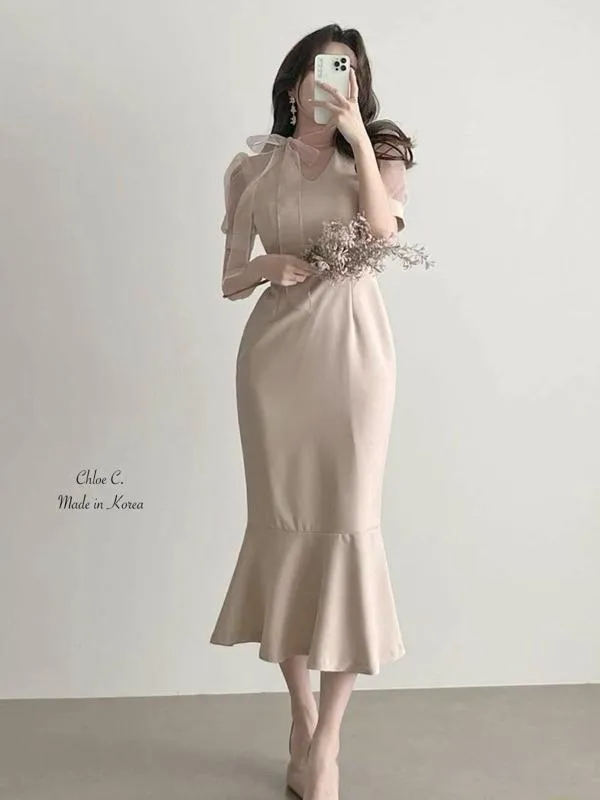 🇰🇷Chloe C. 韓國東大門服飾🇰🇷 eeyou 正韓V領拼接紡紗短袖魚尾裙.婚禮登記.宴會禮服