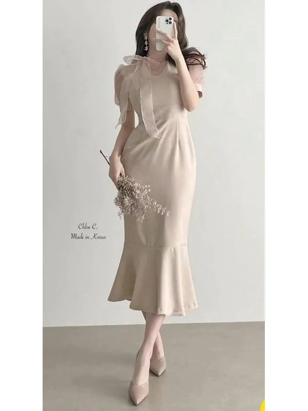 🇰🇷Chloe C. 韓國東大門服飾🇰🇷 eeyou 正韓V領拼接紡紗短袖魚尾裙.婚禮登記.宴會禮服