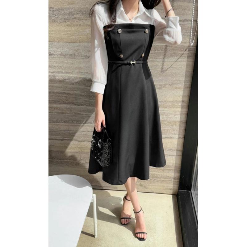 🇰🇷Chloe C. 韓國東大門服飾🇰🇷  eeyou 正韓立領拼接腰帶連身洋裝