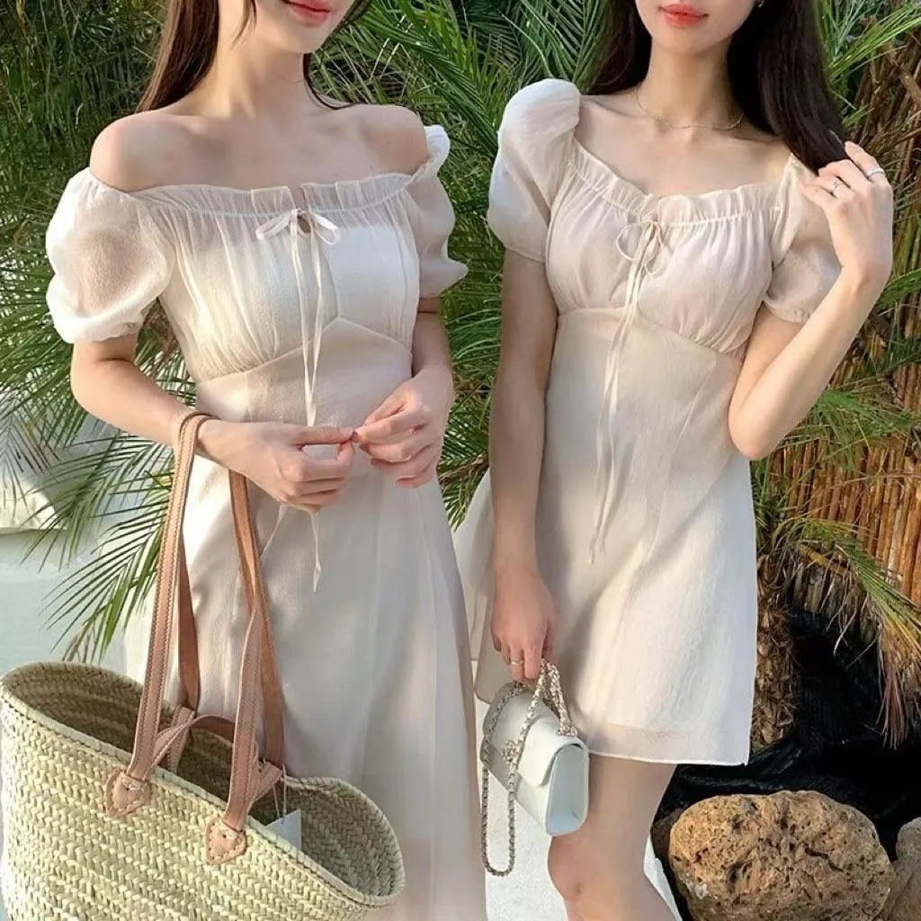 🇰🇷Chloe C. 韓國東大門服飾🇰🇷  eeyou ［夏季熱銷🏆］正韓木耳邊領綁帶透紗洋裝.婚禮.登記結婚.日常穿搭