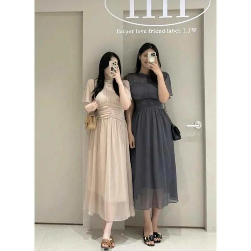 🇰🇷Chloe C. 韓國東大門服飾🇰🇷 eeyou 正韓繞頸透紗兩層式荷葉邊短袖長洋裝