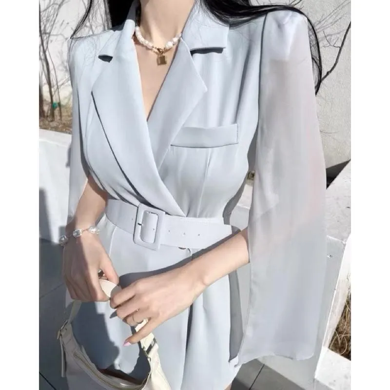 🇰🇷Chloe C. 韓國東大門服飾🇰🇷  eeyou［熱銷款🏆］正韓拼接雪紡長西裝風腰帶連身褲裙.約會簡約宴會款