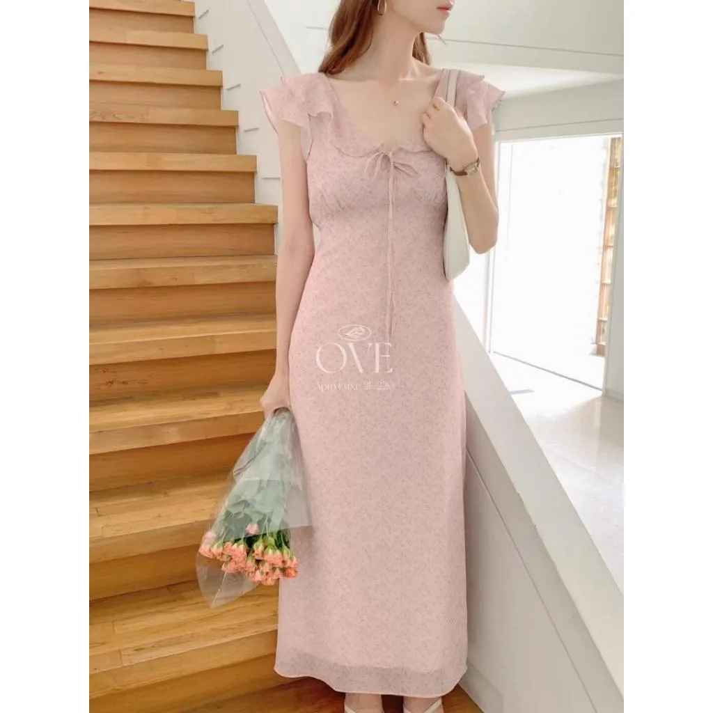 🇰🇷Chloe C. 韓國東大門服飾🇰🇷  OVE 正韓雪紡荷葉邊碎花綁帶無袖長洋裝