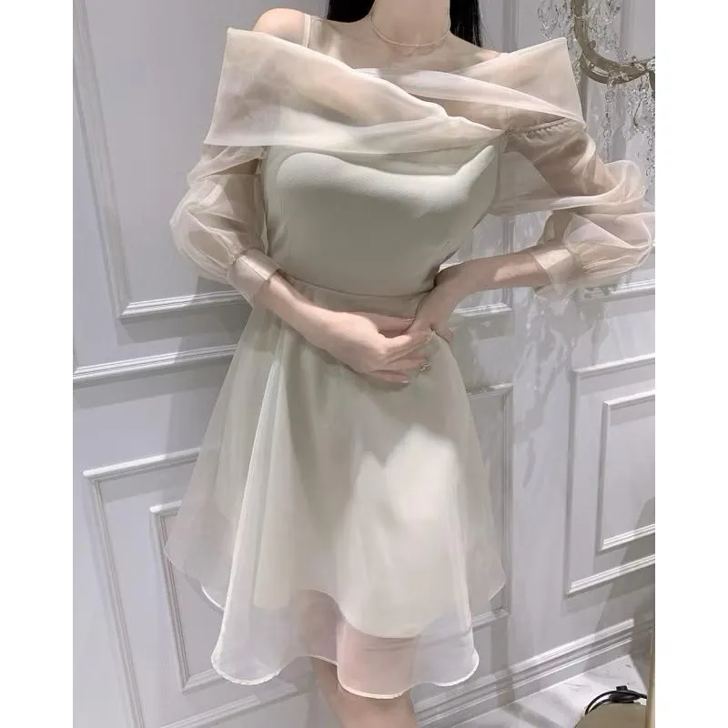 🇰🇷Chloe C. 韓國東大門服飾🇰🇷 eeyou ［熱銷款🏆］正韓仙女薄紗一字領洋裝.尾牙約會.婚禮禮服