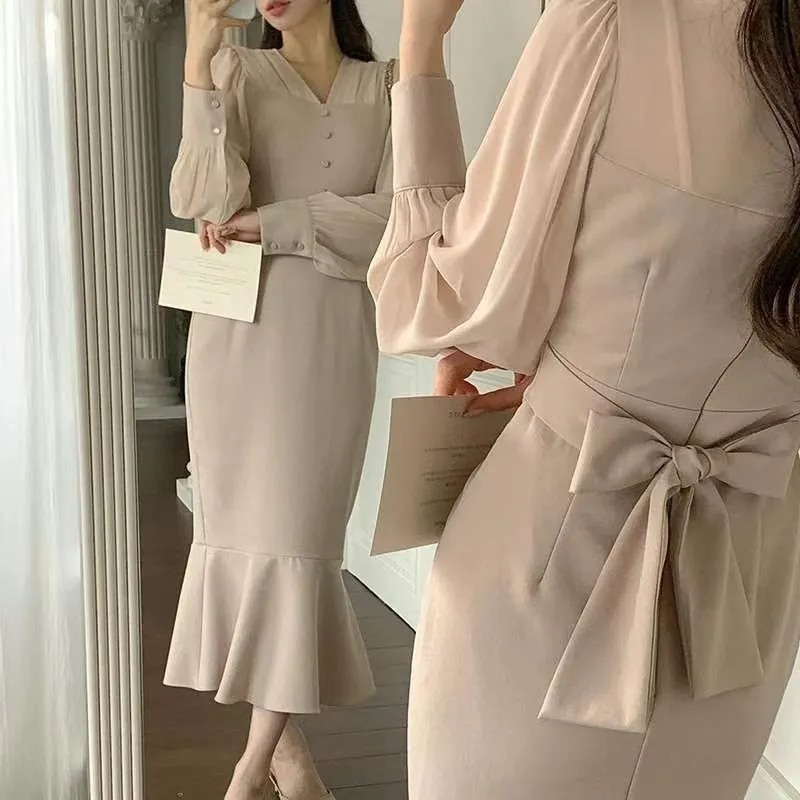 🇰🇷Chloe C. 韓國東大門服飾🇰🇷 eeyou ［熱銷款🏆］正韓V領拼接雪紡連身魚尾裙.登記結婚.婚禮禮服