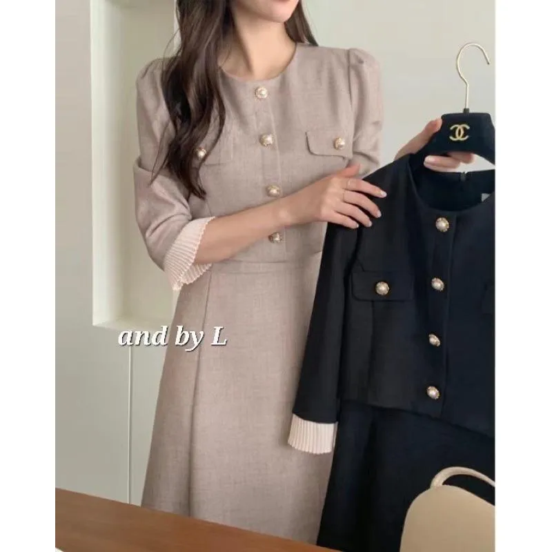 🇰🇷Chloe C. 韓國東大門服飾🇰🇷  And by L ［熱銷款🏆］正韓小香風假兩件式七分袖連身長洋裝.宴會禮服