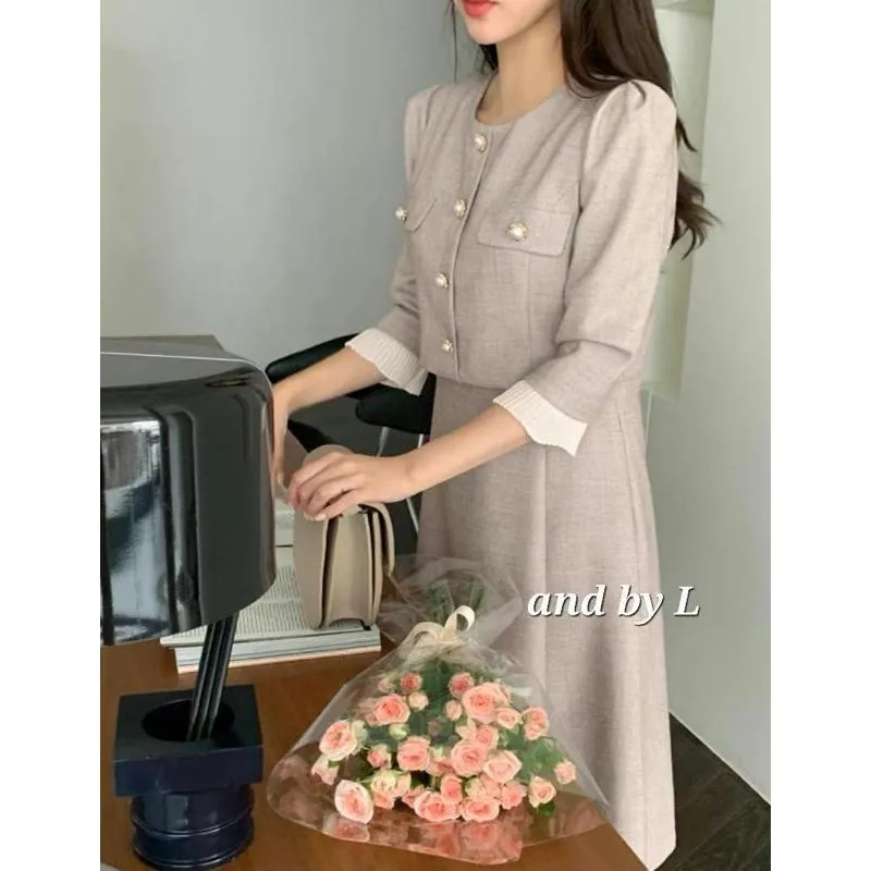 🇰🇷Chloe C. 韓國東大門服飾🇰🇷  And by L ［熱銷款🏆］正韓小香風假兩件式七分袖連身長洋裝.宴會禮服