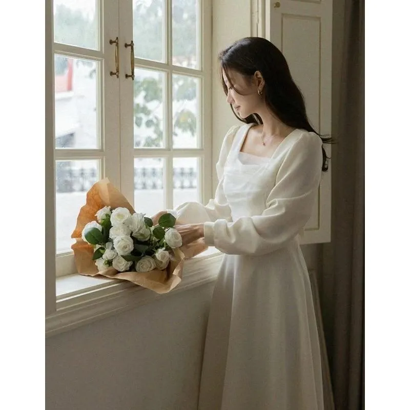 🇰🇷Chloe C. 韓國東大門服飾🇰🇷 eeyou [熱銷款🏆］正韓拼接雪紡紡紗後綁帶洋裝.登記結婚.婚禮禮服.約會款