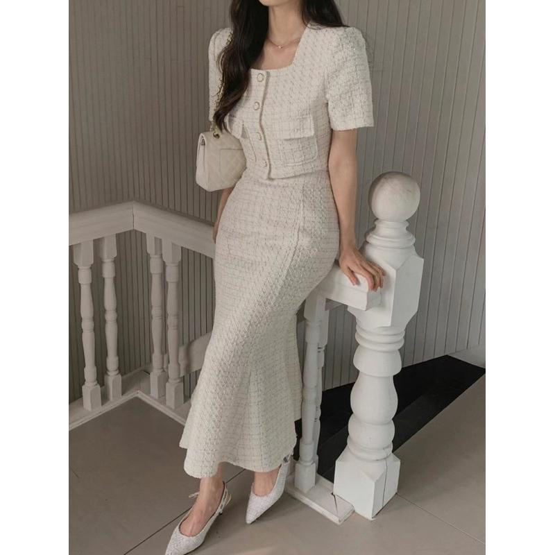 🇰🇷Chloe C. 韓國東大門服飾🇰🇷  eeyou 正韓小香風格紋短袖魚尾長裙套裝